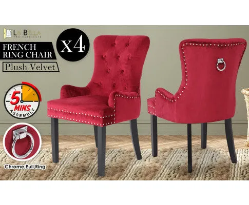 La Bella 4 Set Bordeaux Red French Provincial Dining Chair Ring Studded Lisse Velvet Rubberwood