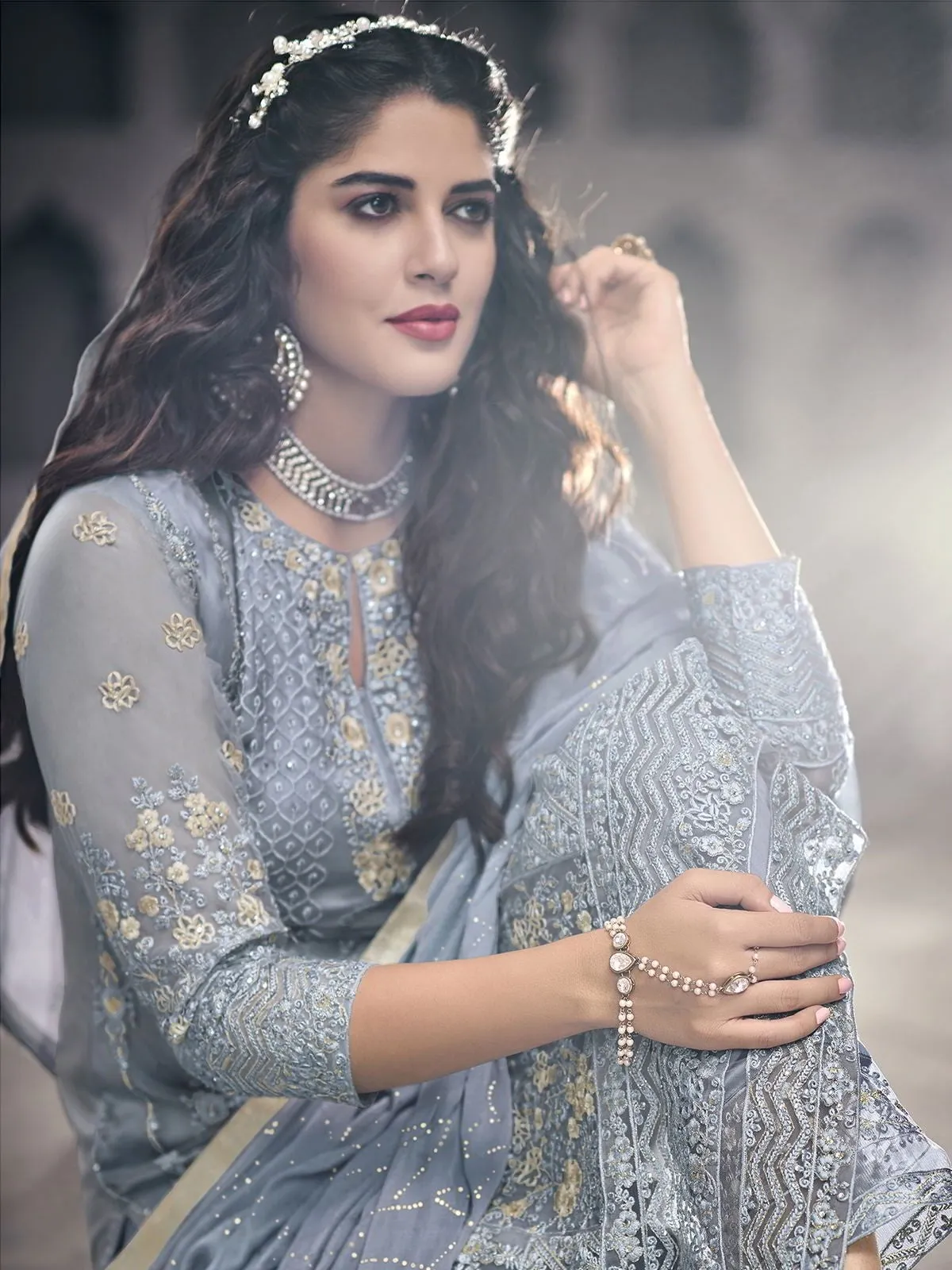 Light Blue Ethnic Embroidered Pakistani Pant Suit