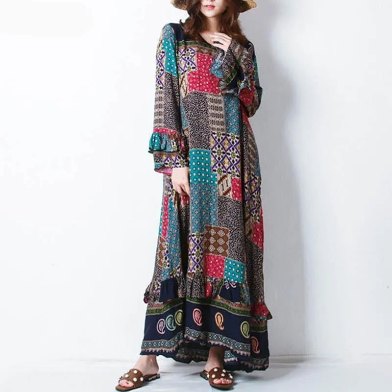 Long Sleeves Floral Patchwork Hippie Dress