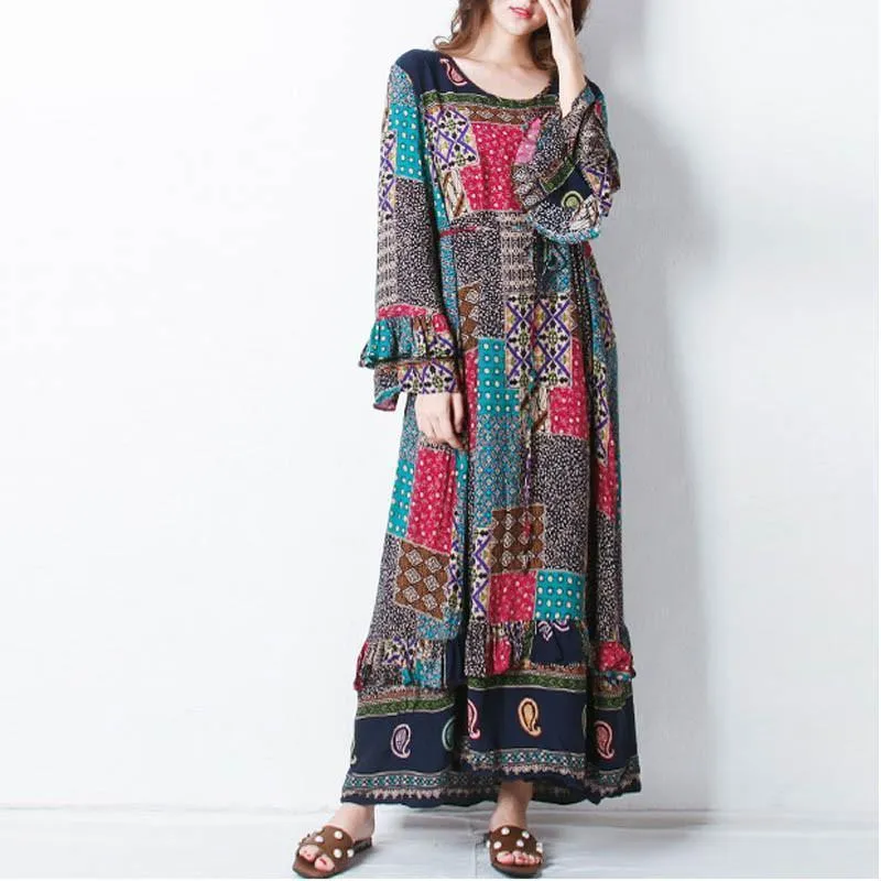 Long Sleeves Floral Patchwork Hippie Dress