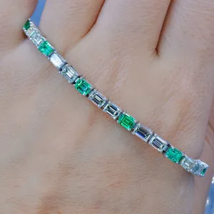 Luxurious 7.50CT Emerald Cut Diamond and Green Emerald Tennis Bracelet in 14KT White Gold