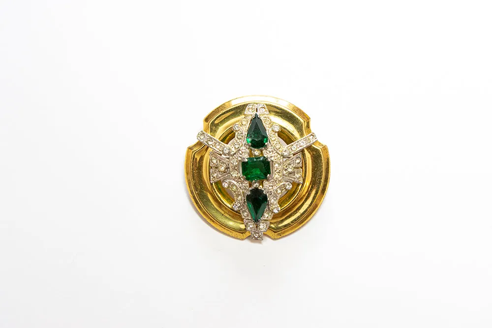 McCLELLAND BARCLAY Gold Plated Green and Clear Stones Round Brooch