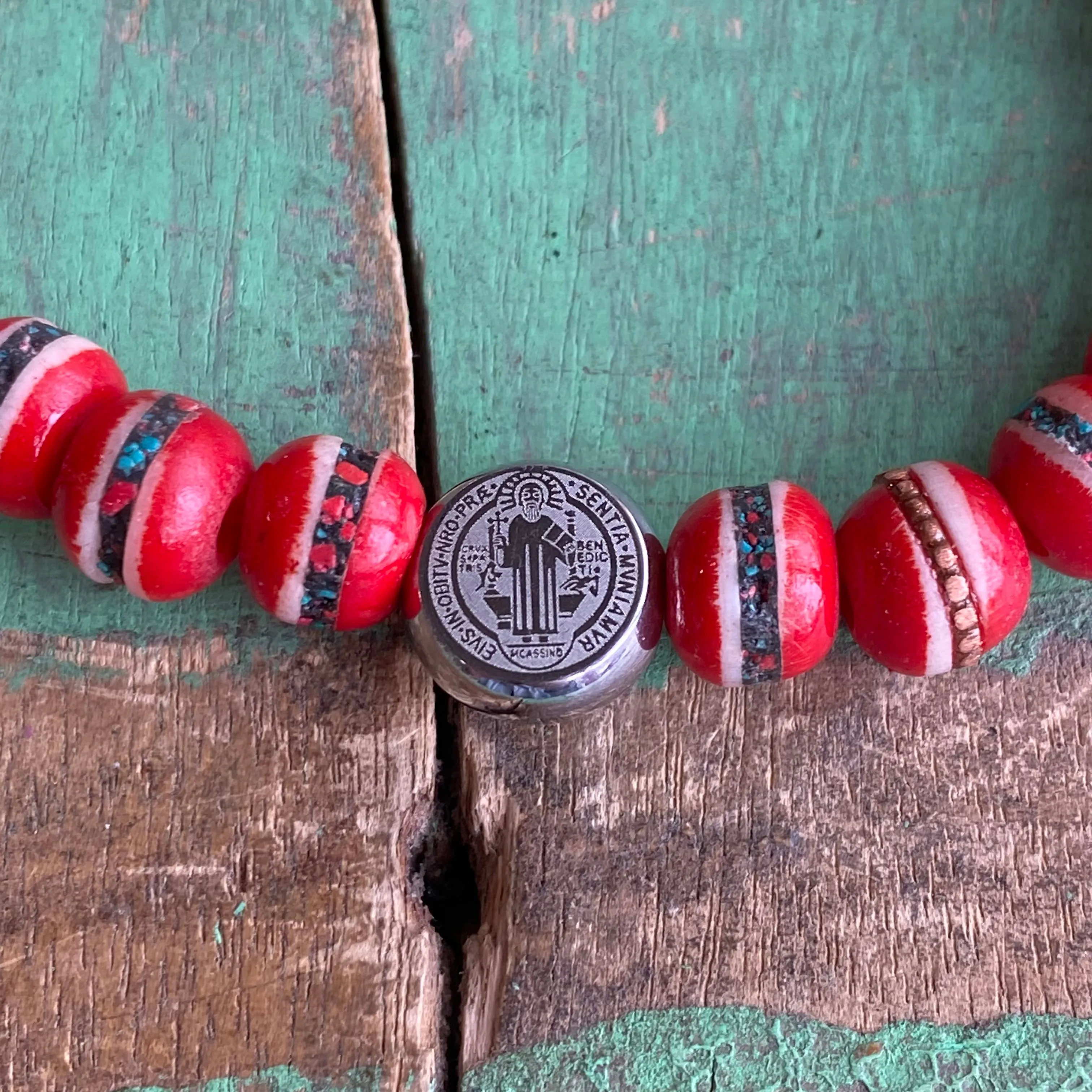 Men of Faith St. Benedict Red Prayer Bead Bracelet