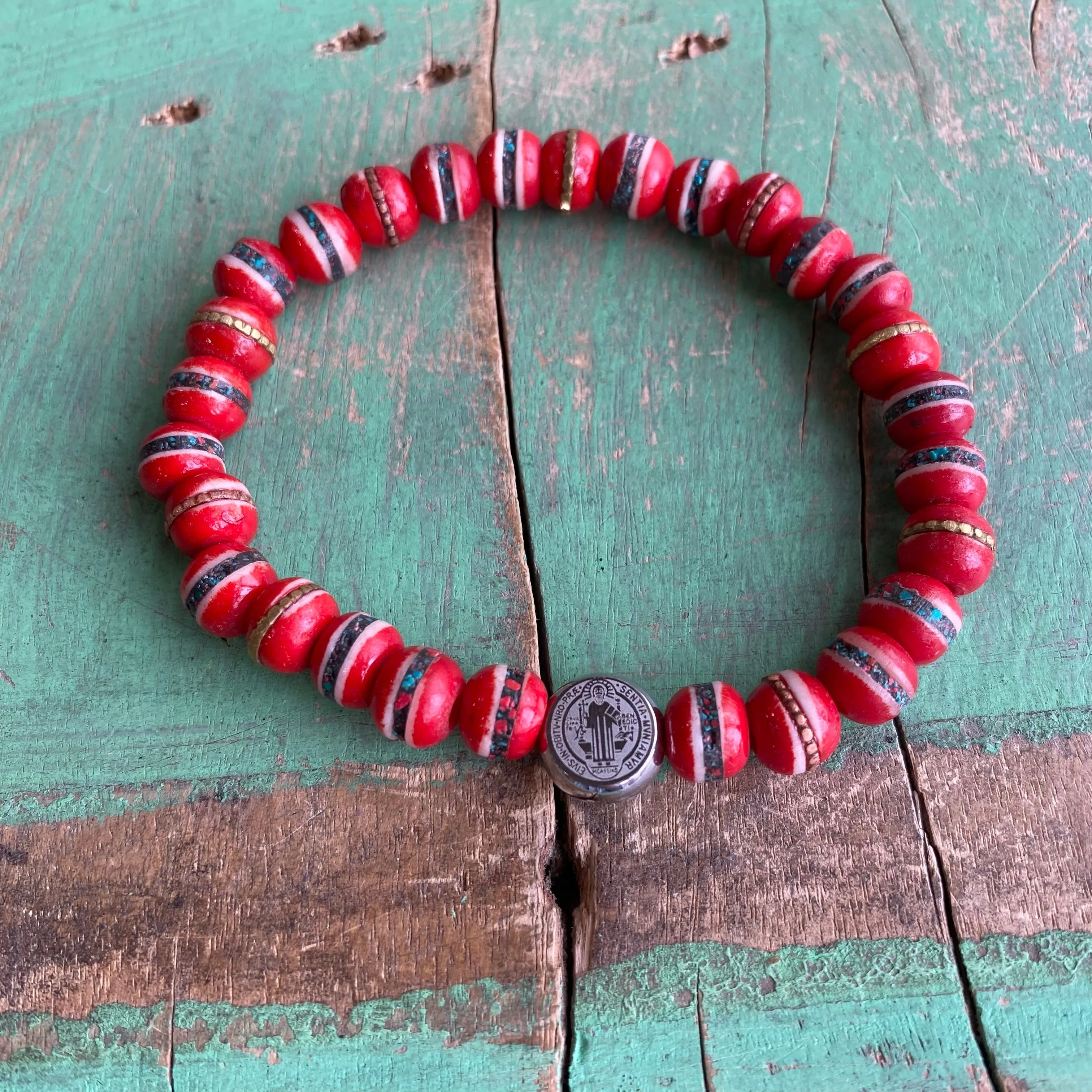 Men of Faith St. Benedict Red Prayer Bead Bracelet