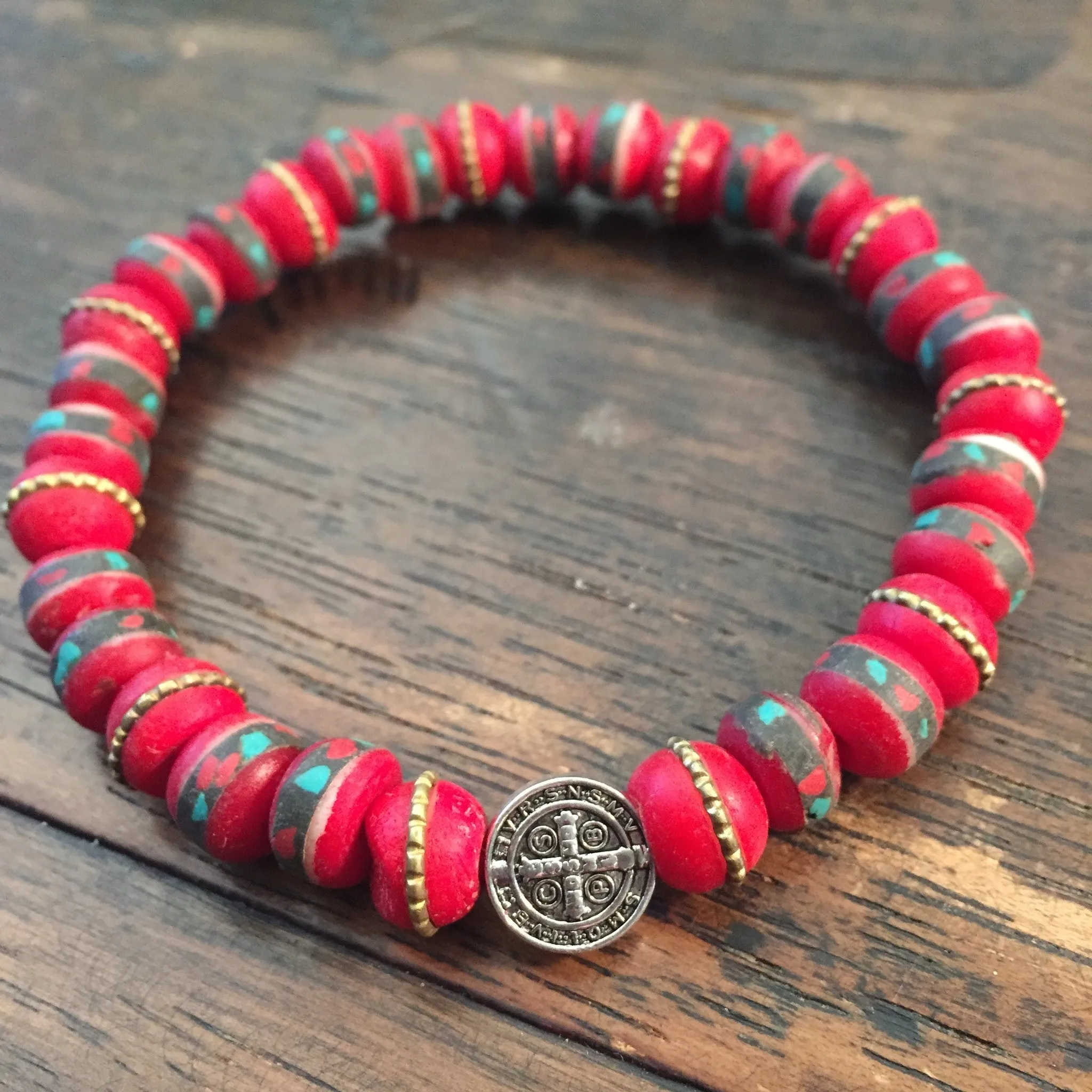 Men of Faith St. Benedict Red Prayer Bead Bracelet