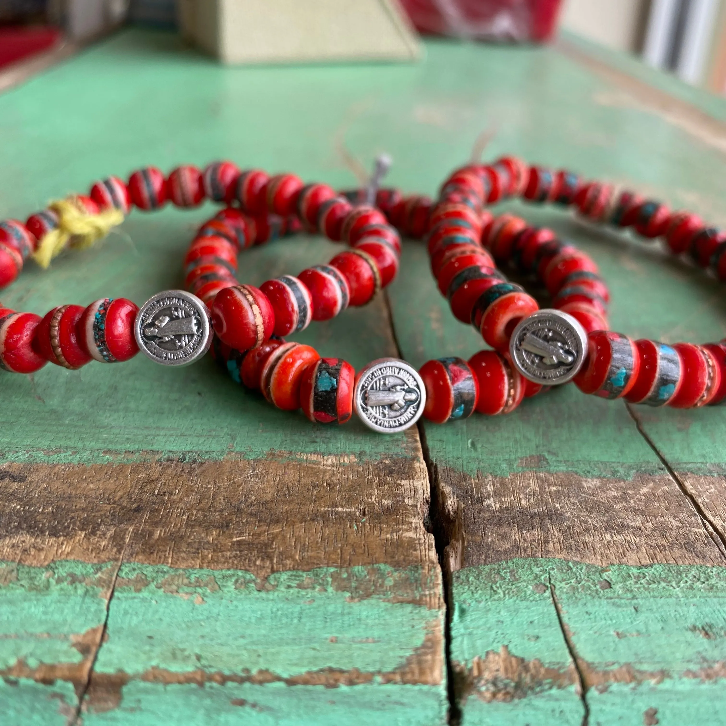 Men of Faith St. Benedict Red Prayer Bead Bracelet