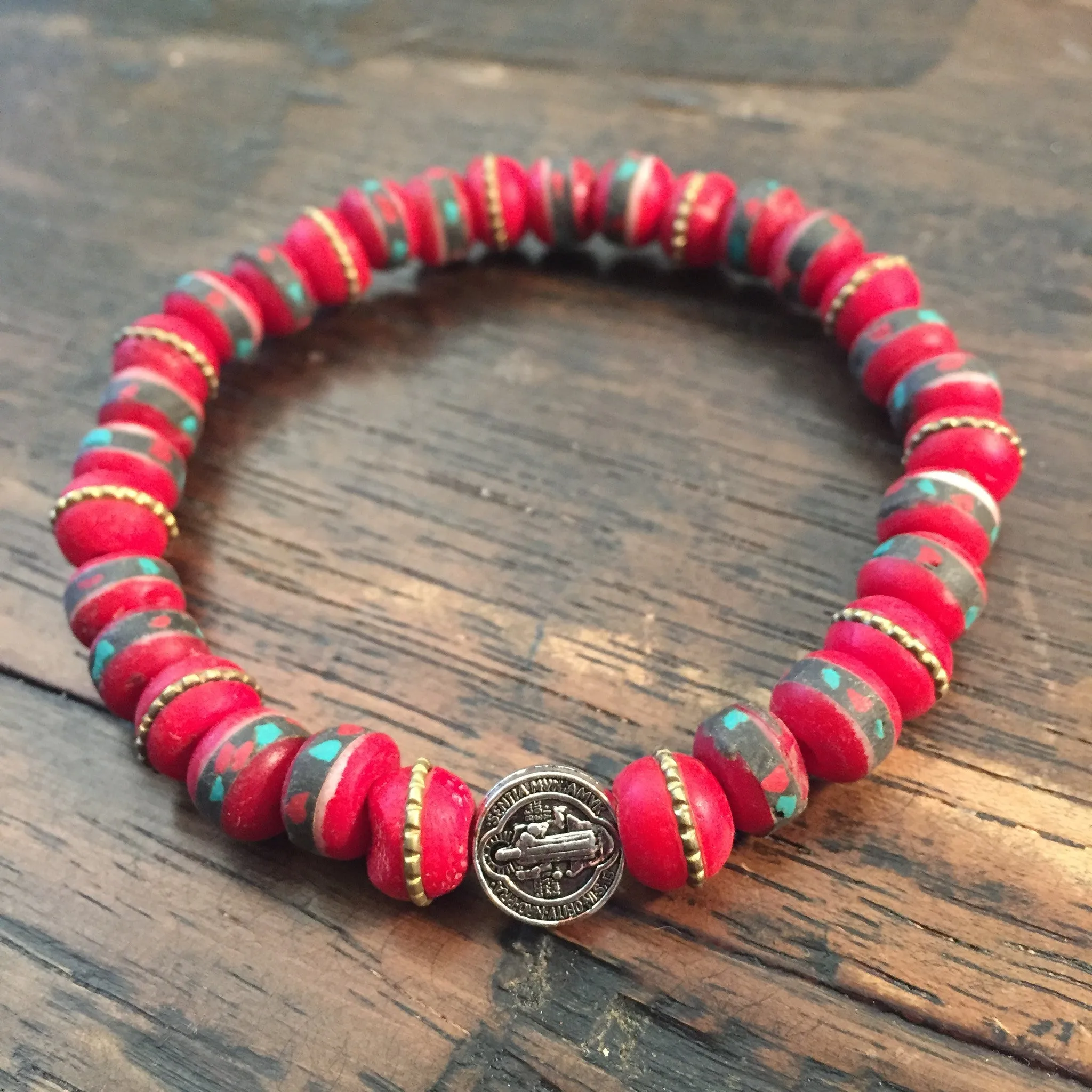 Men of Faith St. Benedict Red Prayer Bead Bracelet