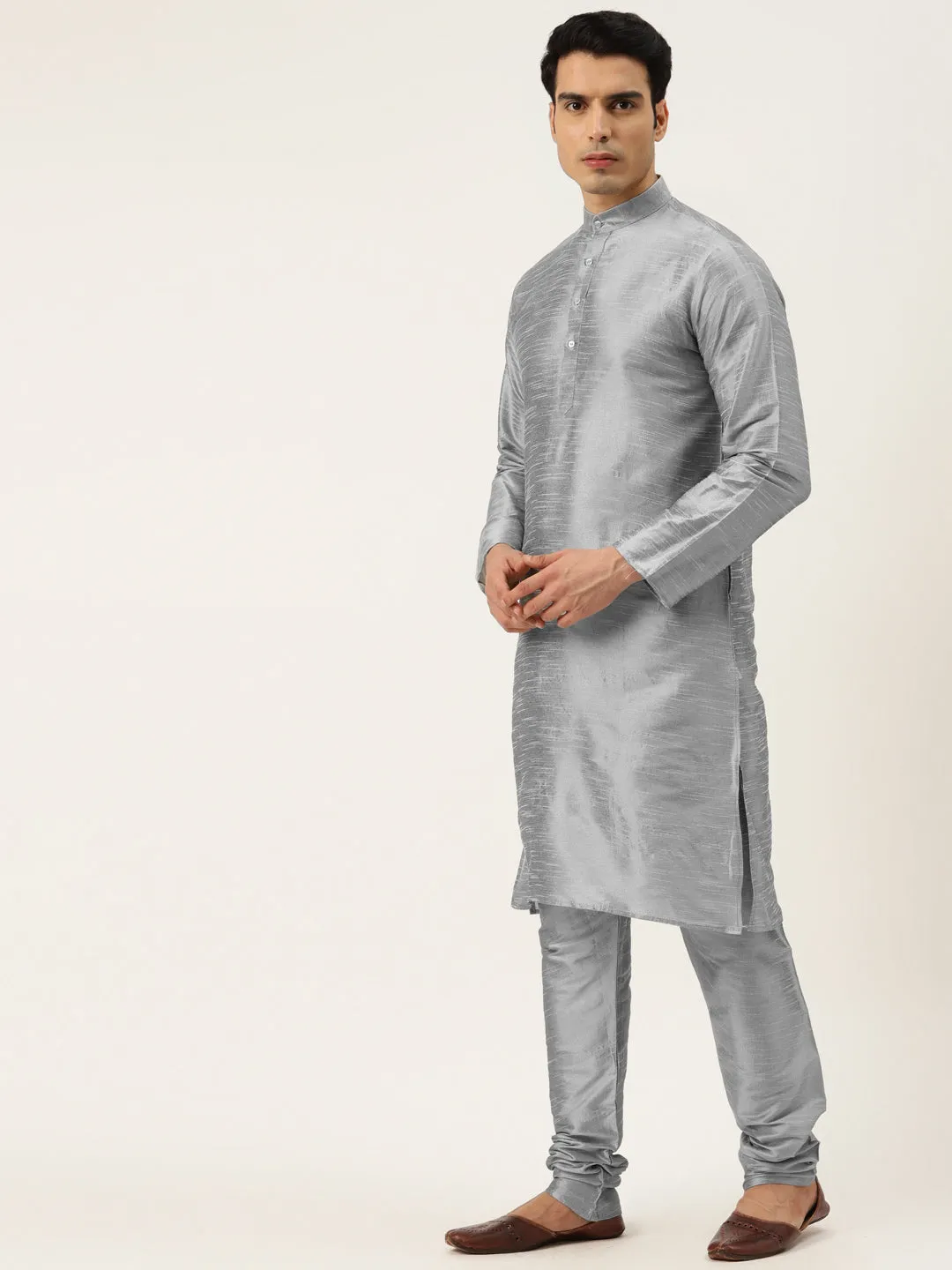 Men's Silk Blend Grey Kurta Pyjama & Blue Sherwani Set - Sojanya