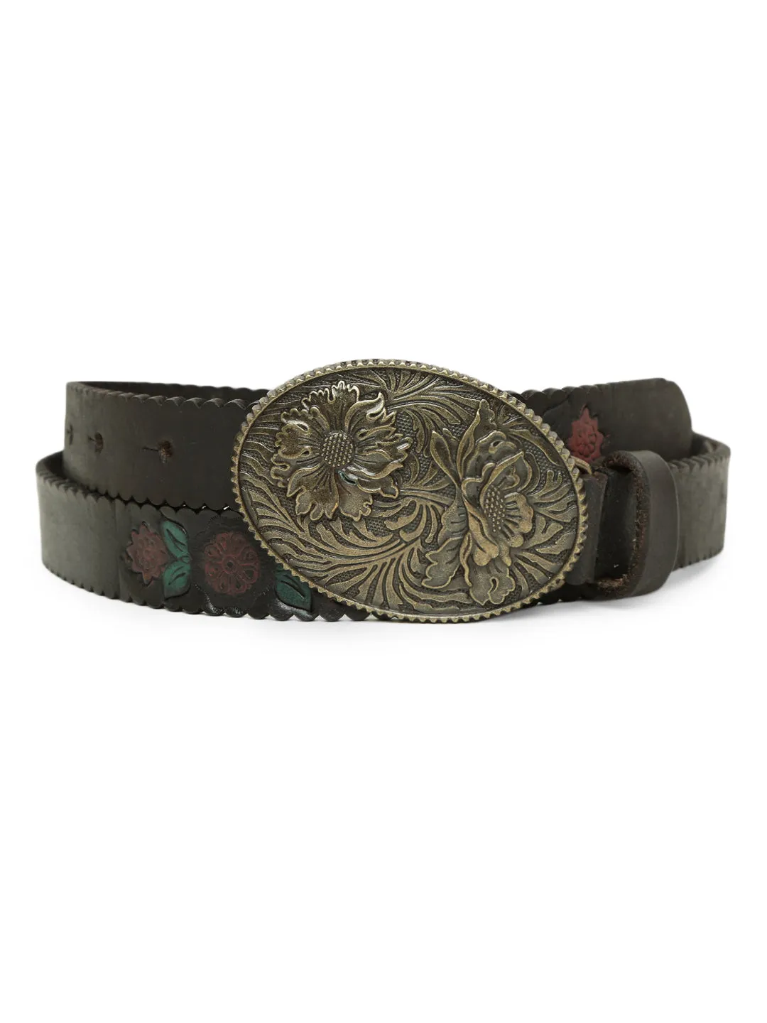 Mesmerizing Black Flower Printed Hand-tooled Design Belt