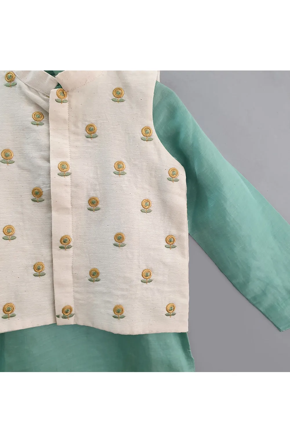 Mint Green Cotton Silk Kurta With Flower Embroidered Jacket