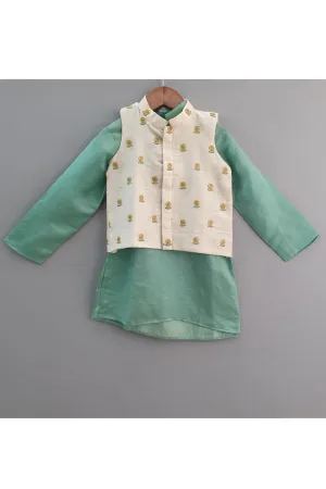 Mint Green Cotton Silk Kurta With Flower Embroidered Jacket