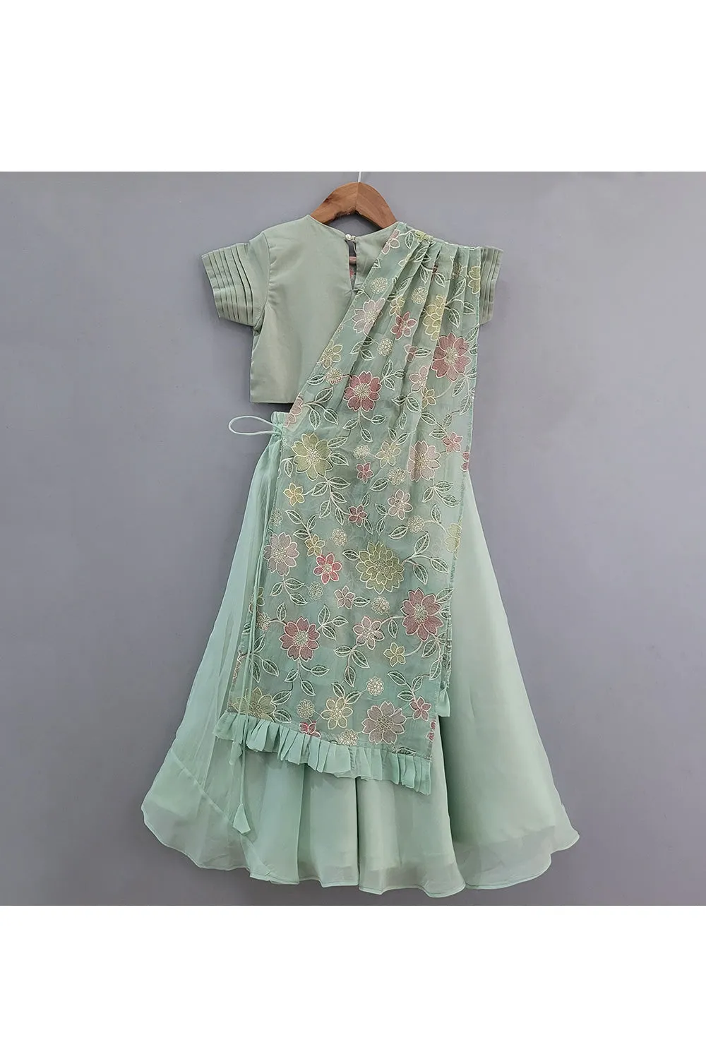 Mint Green Cotton Top With Organza Lehenga Set