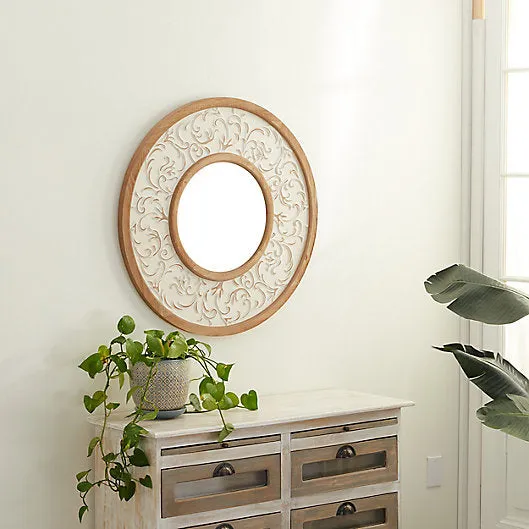 Natural & Whitewashed Ornate Round Mirror- Item #: 17891A