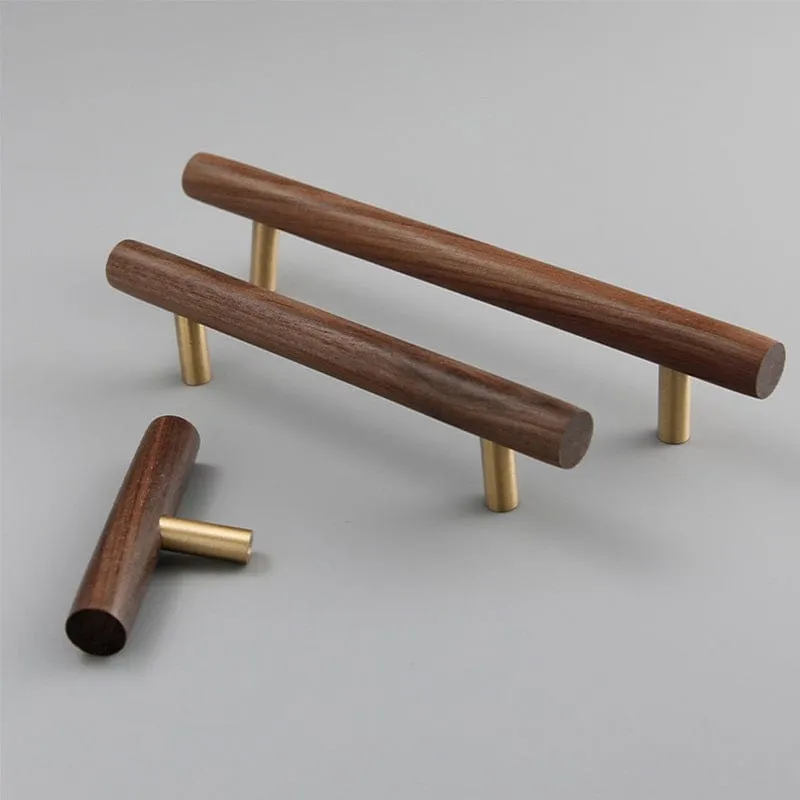 Natural Walnut   Brass Furniture Handle Wooden Kitchen Cabinet Pull