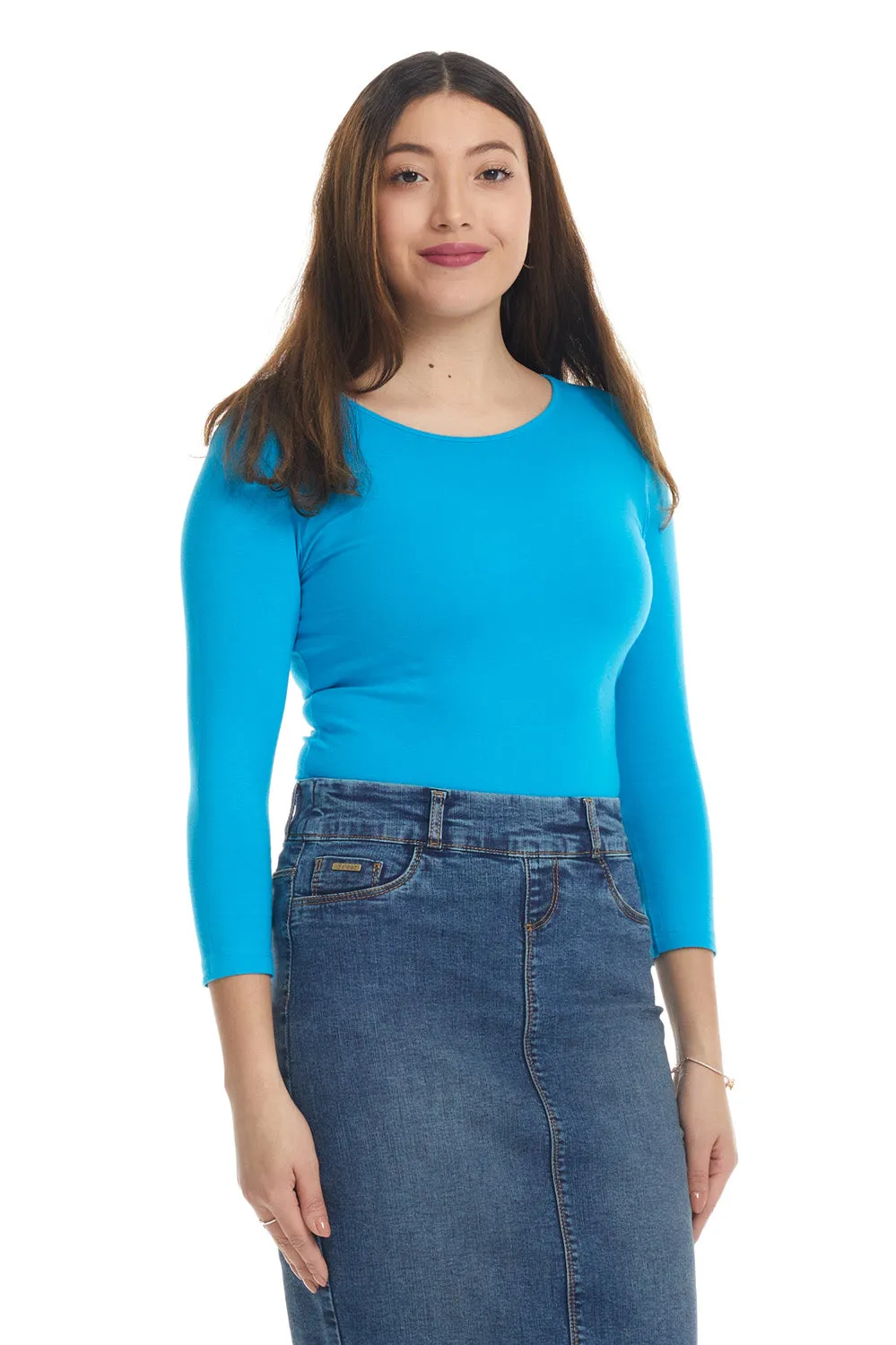 Ocean Blue 3/4 Sleeve Snug Fit Cotton Boat Neck Layering Shirt for Women