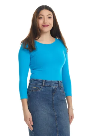 Ocean Blue 3/4 Sleeve Snug Fit Cotton Boat Neck Layering Shirt for Women