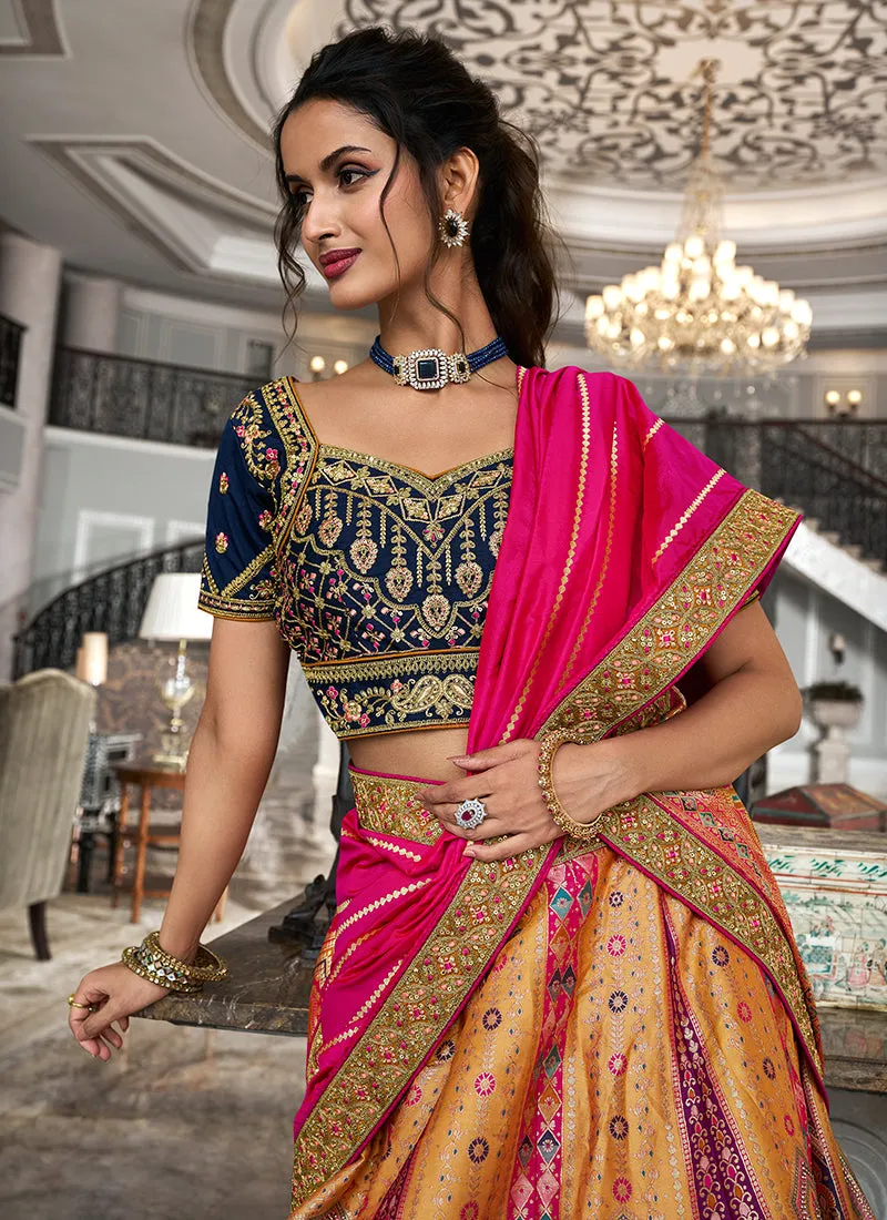 Orange And Blue Embroidered Bridal Lehenga Choli