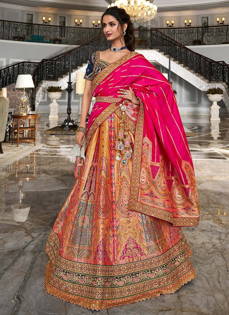 Orange And Blue Embroidered Bridal Lehenga Choli