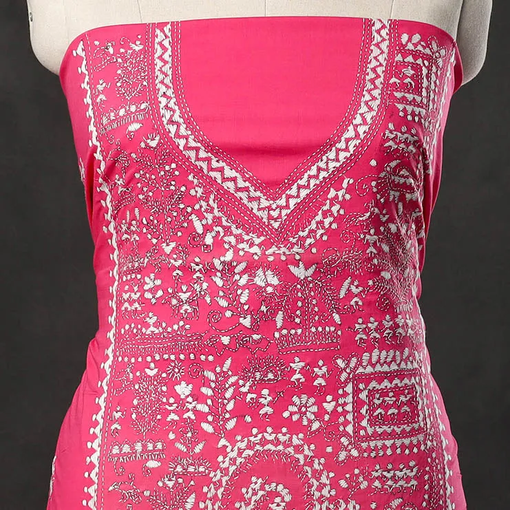 Pink - Bengal Kantha Embroidery Cotton Kurta Material - (2.8m) 46