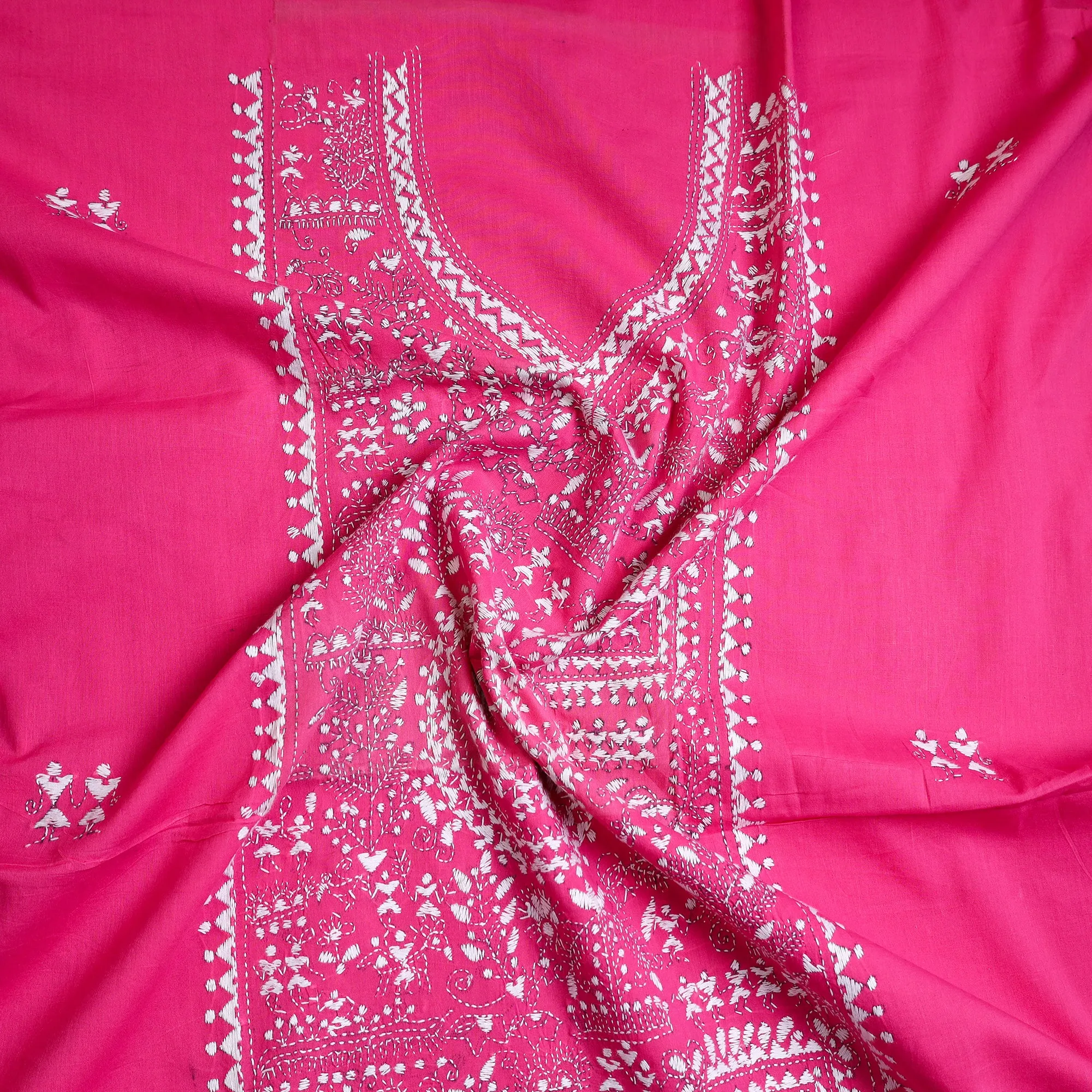 Pink - Bengal Kantha Embroidery Cotton Kurta Material - (2.8m) 46