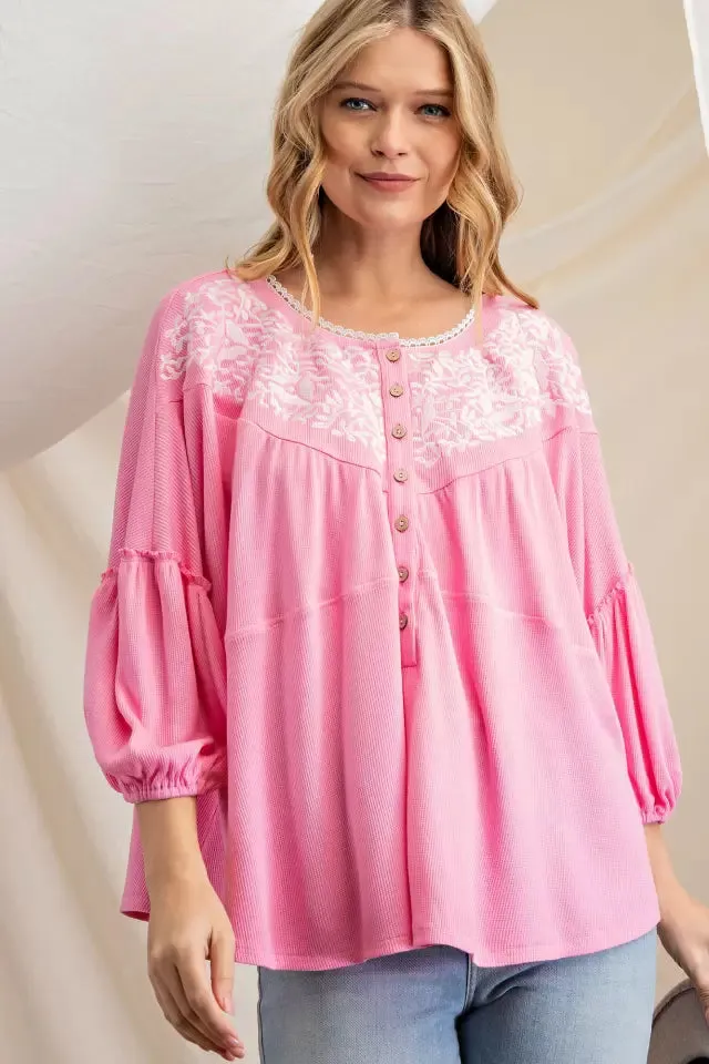 Pink embroidered thermal top