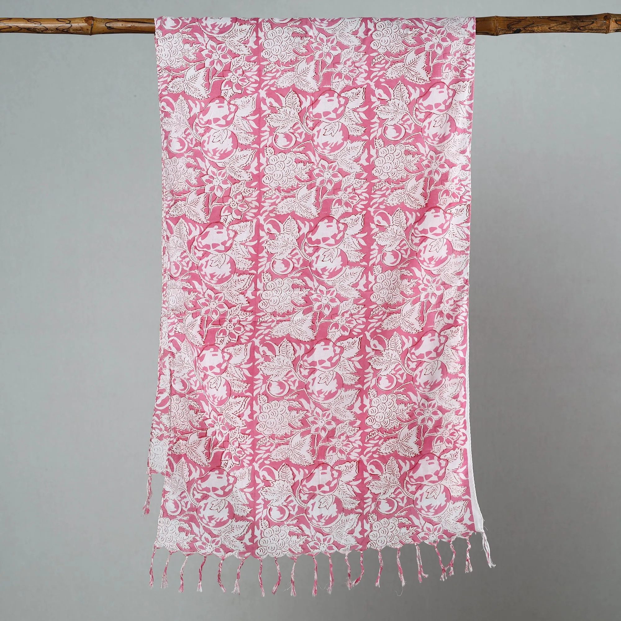 Pink - Sanganeri Block Printed Cotton Stole with Tassels 125