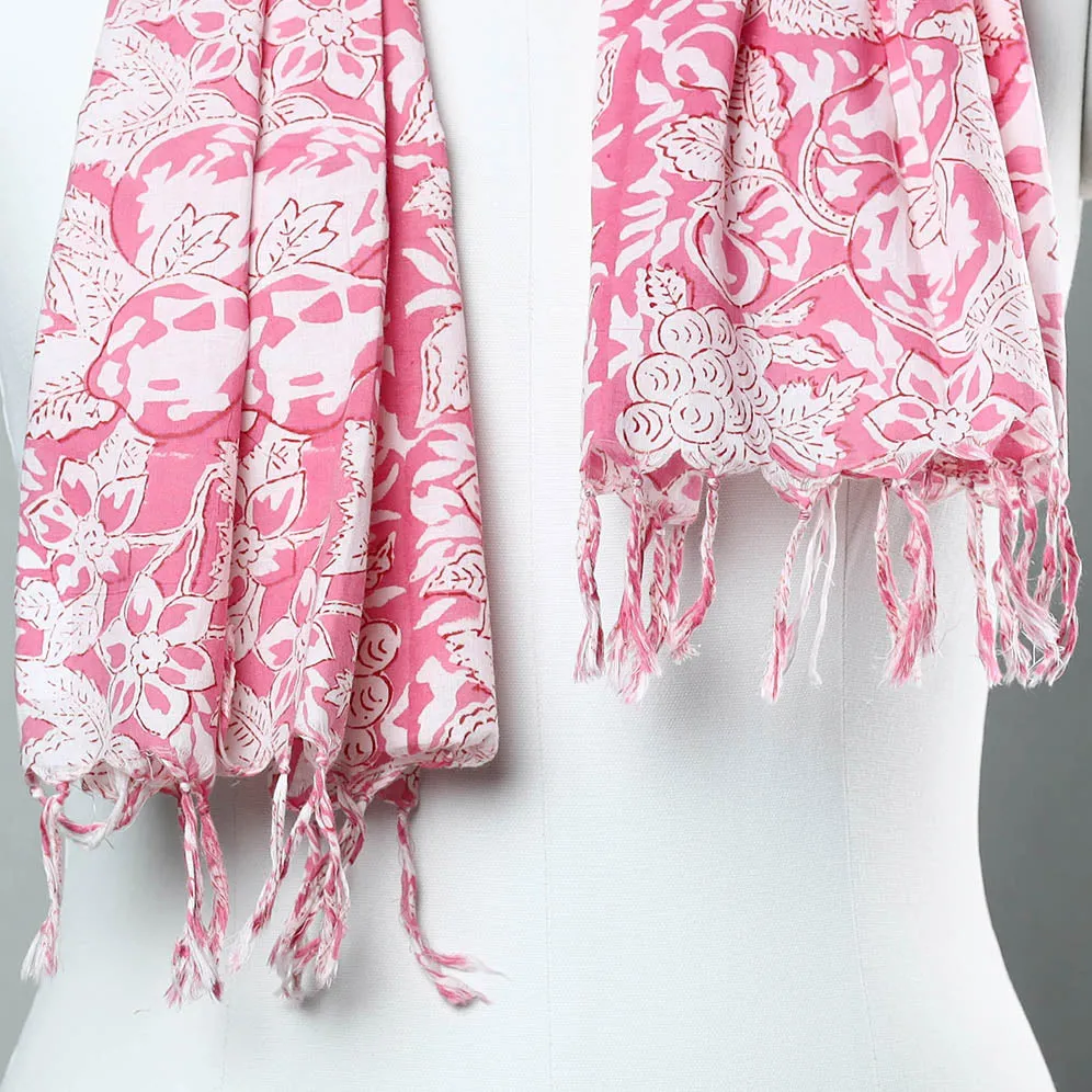 Pink - Sanganeri Block Printed Cotton Stole with Tassels 125