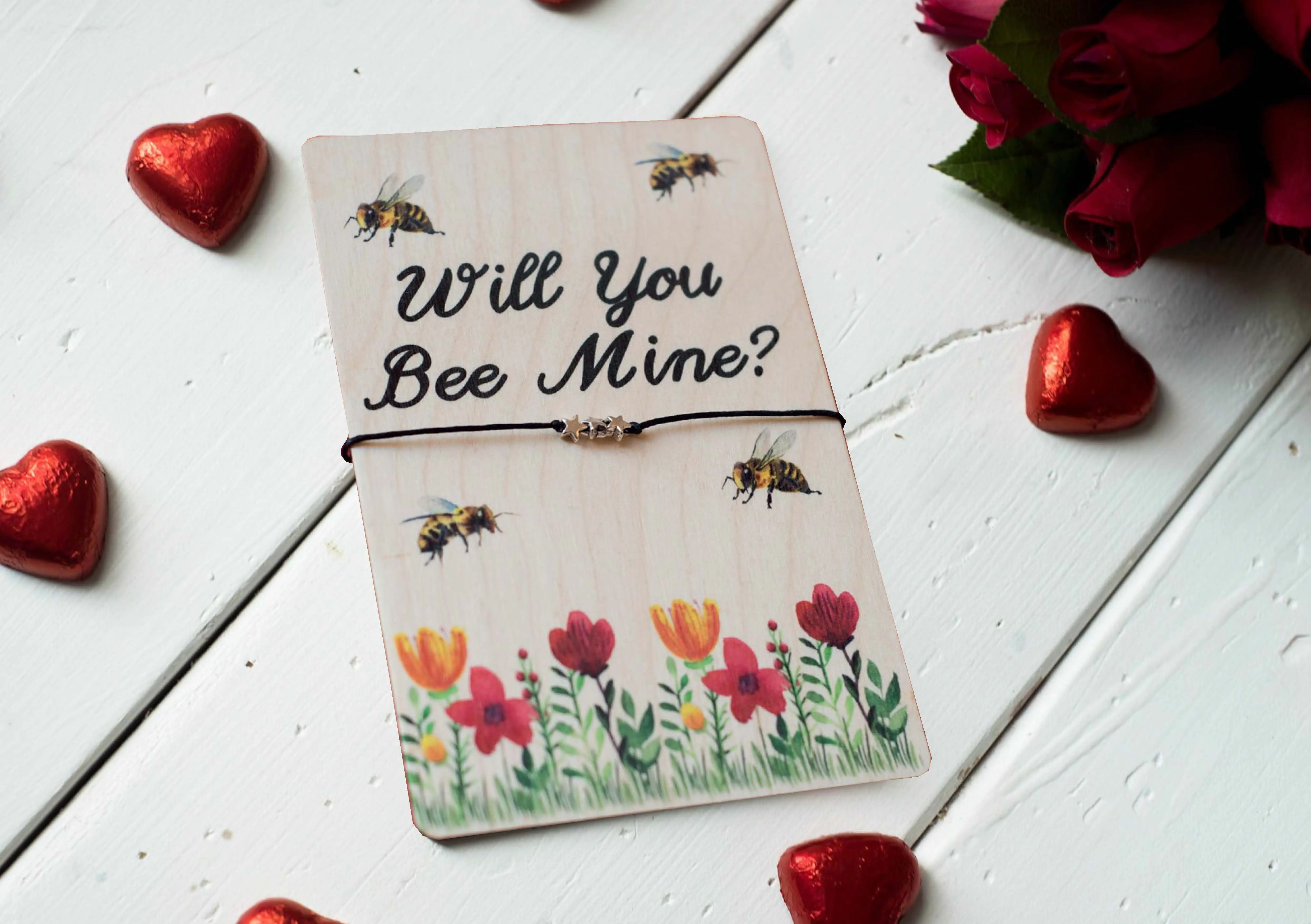 Printed Wooden Wish Bracelet - Will You Bee Mine?