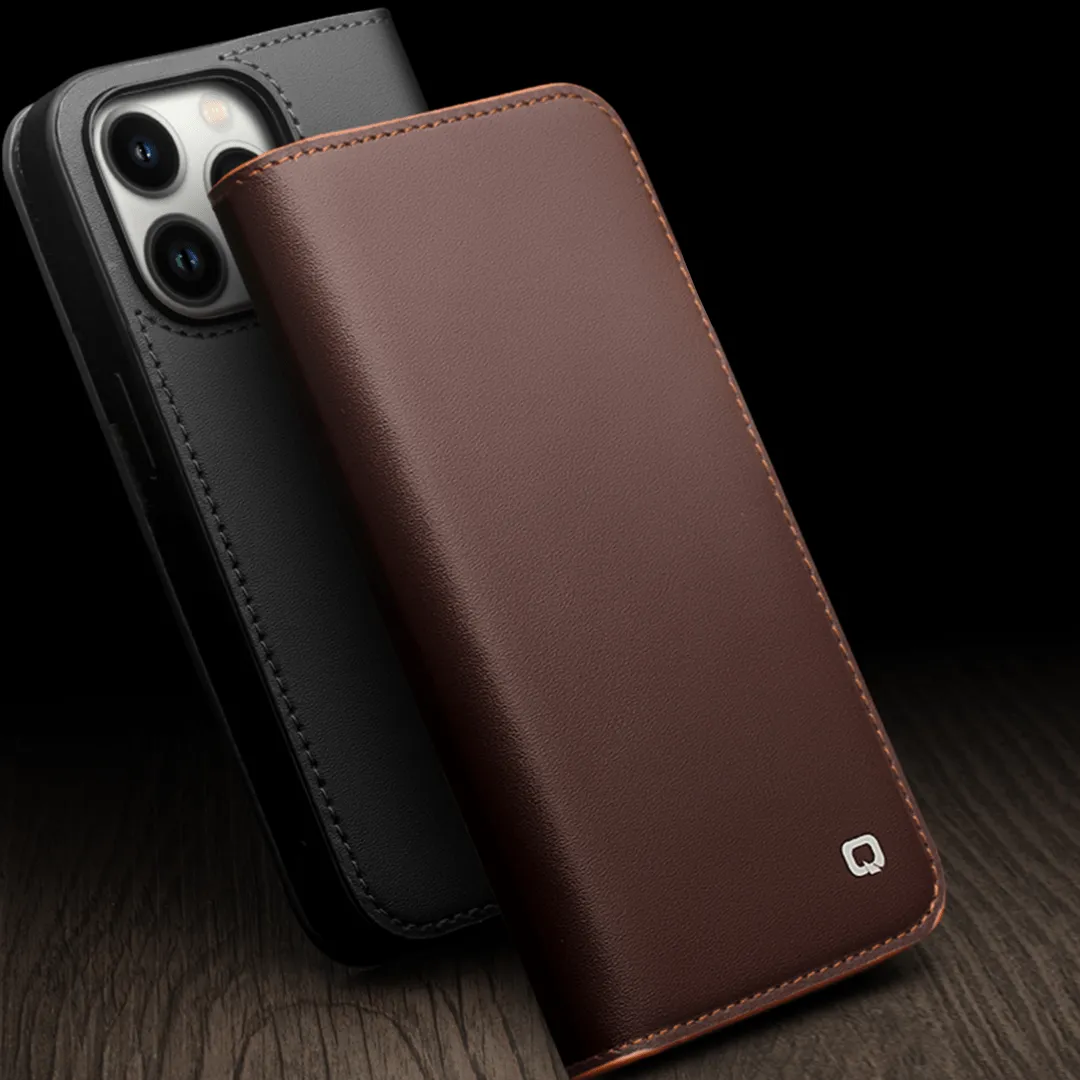 QIALINO Leather Flip Cover for iPhone 14 Pro - Brown