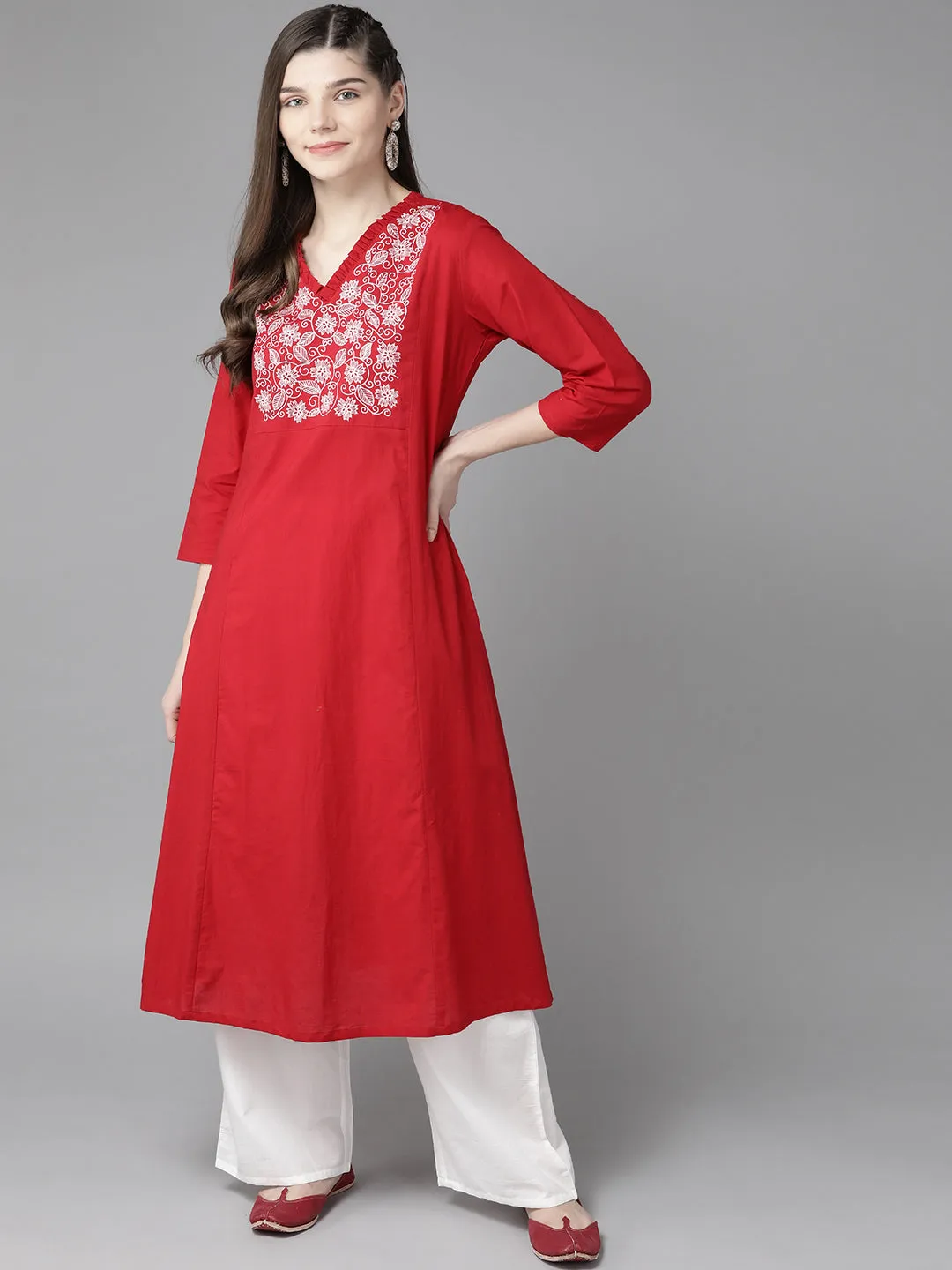 Red and white Embroidered solid kurta with palazzos