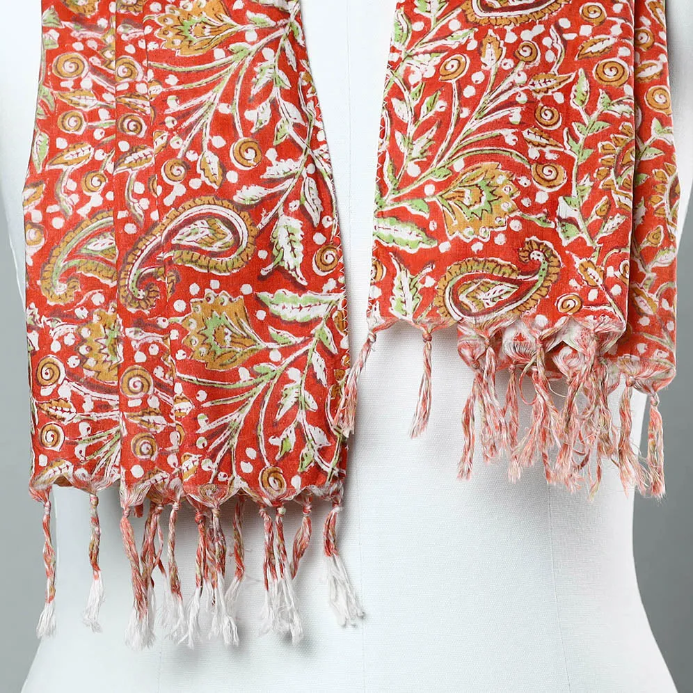 Red - Sanganeri Block Printed Cotton Stole with Tassels 67