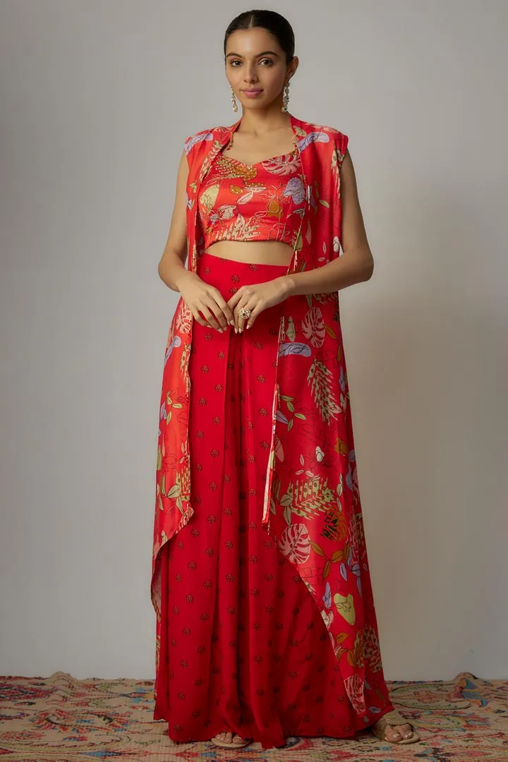 Red Viscose Hand Embroidered & Printed Cape Set