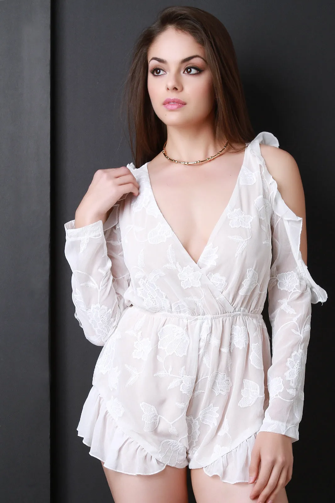 Ruffle Embroidered Open Shoulder Romper