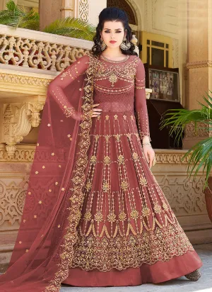 Rustic Red Golden Embroidered Anarkali Lehenga Suit