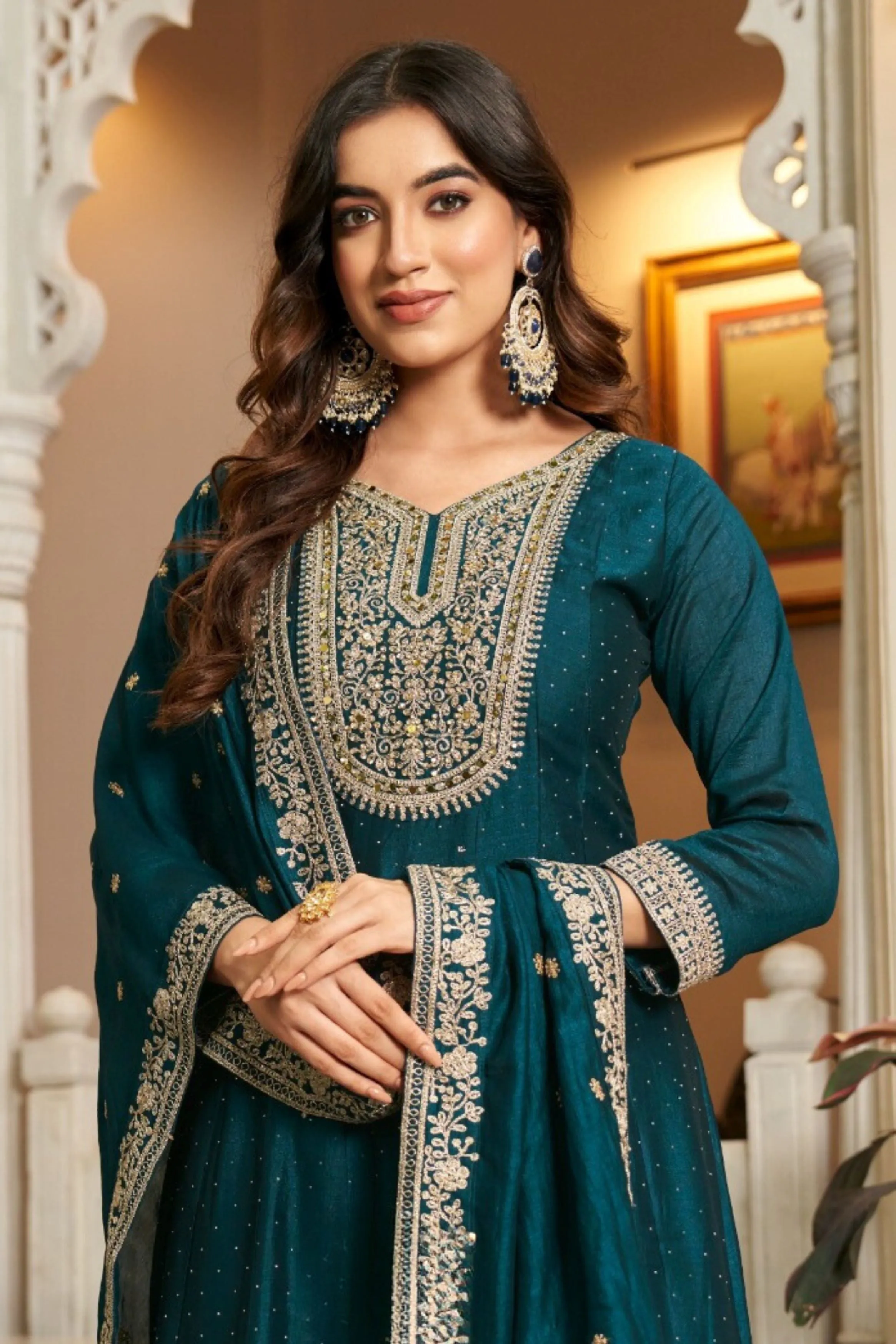 Teal Embellished Premium Silk Anarkali Set