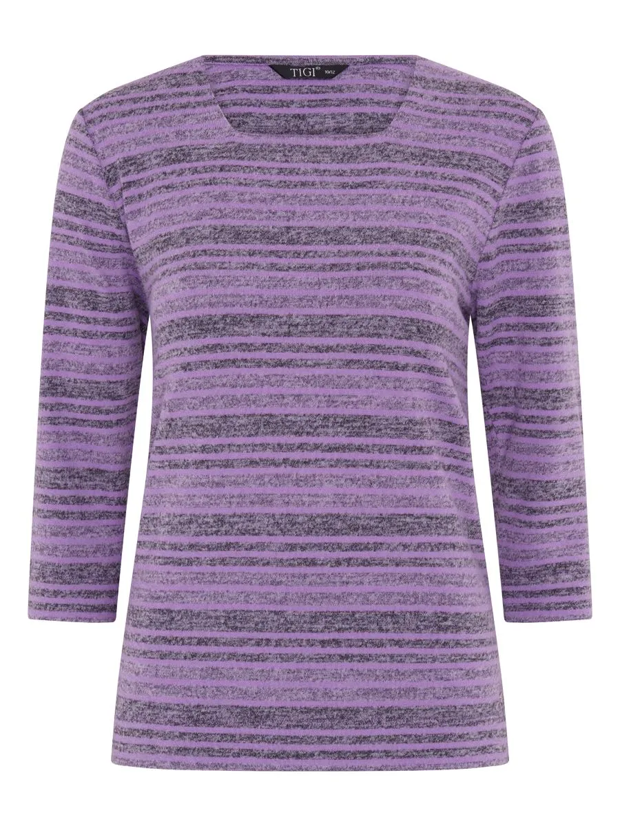 TIGI 08/10 Amethyst Melange Stripe Square Neck Top - T25-05A