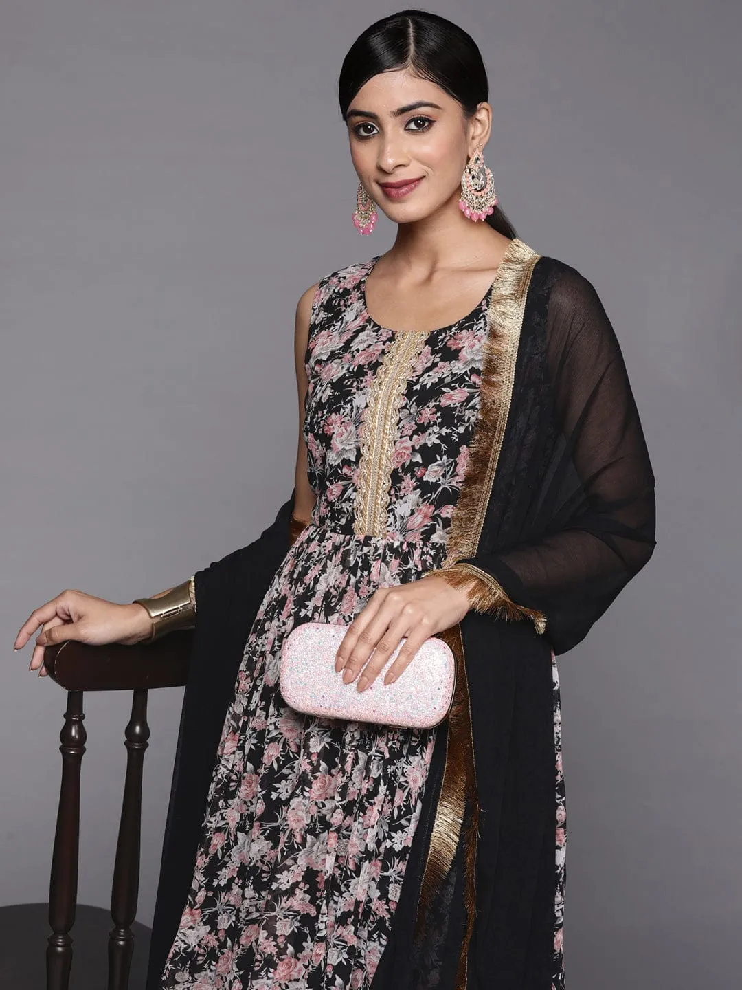 varanga women black floral printed empire kurta with sharara with dupatta