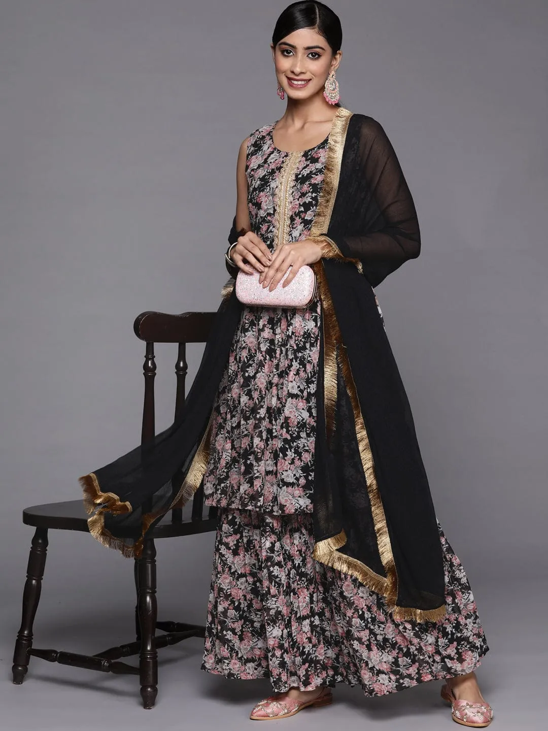 varanga women black floral printed empire kurta with sharara with dupatta