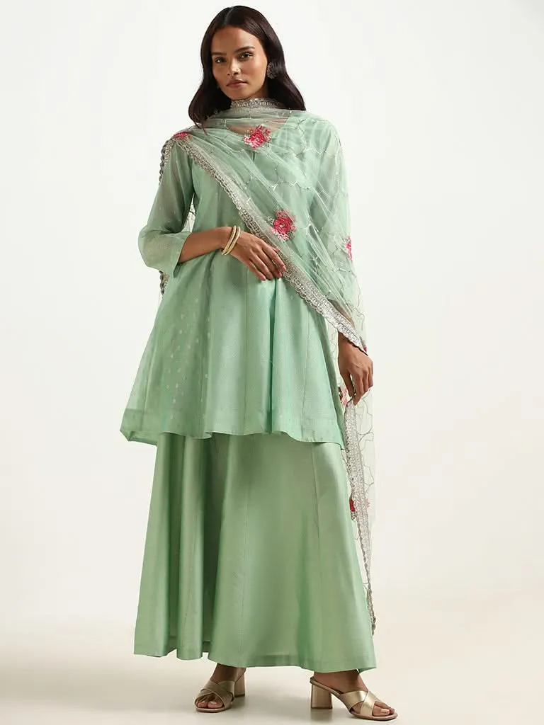 Vark Green Printed Kurti, Palazzos and Dupatta Set