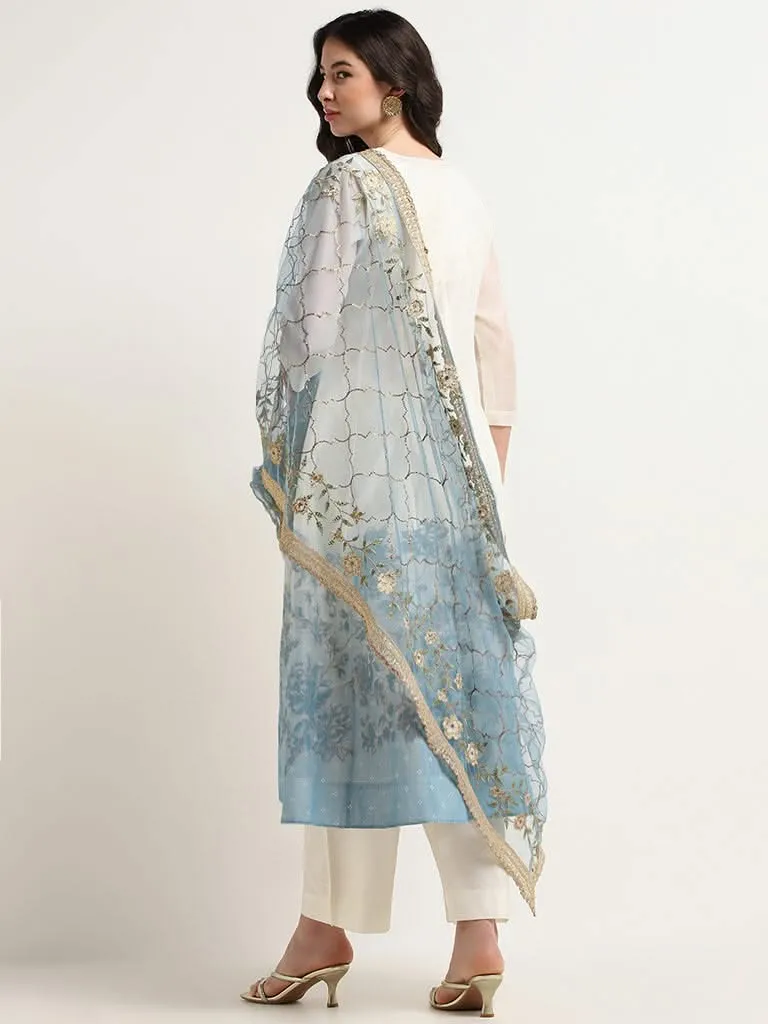 Vark Off-White Embroidered Kurta, Pants and Dupatta Set