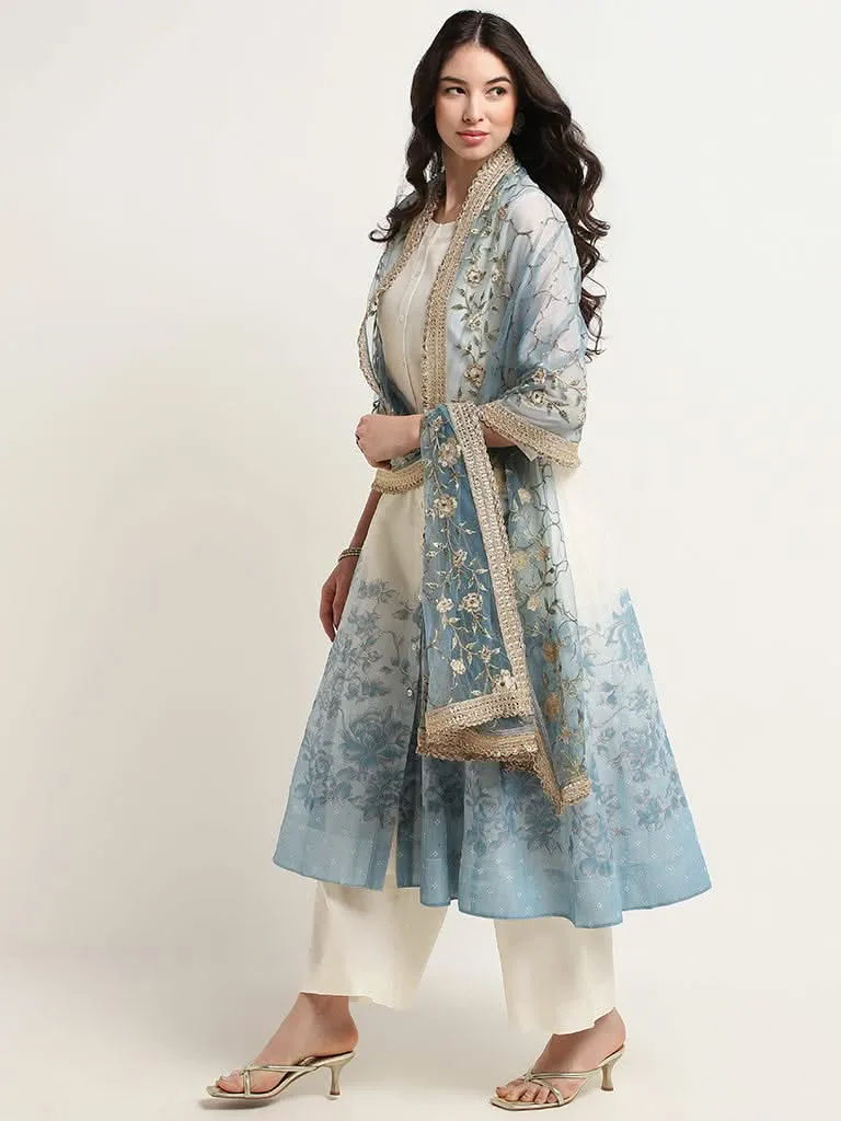 Vark Off-White Embroidered Kurta, Pants and Dupatta Set