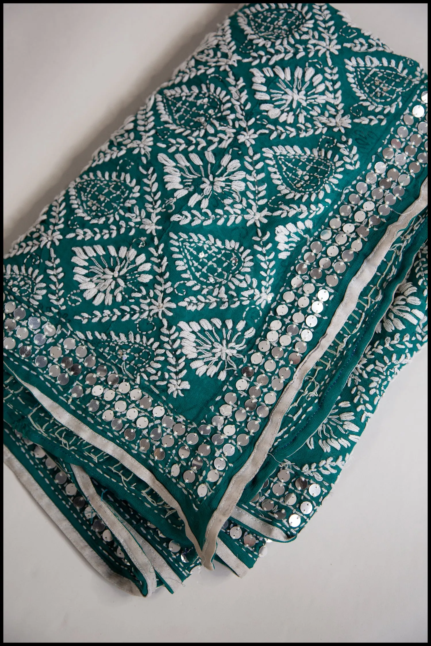 Vintage Large Mint Green Phulkari Embroidered Shawl