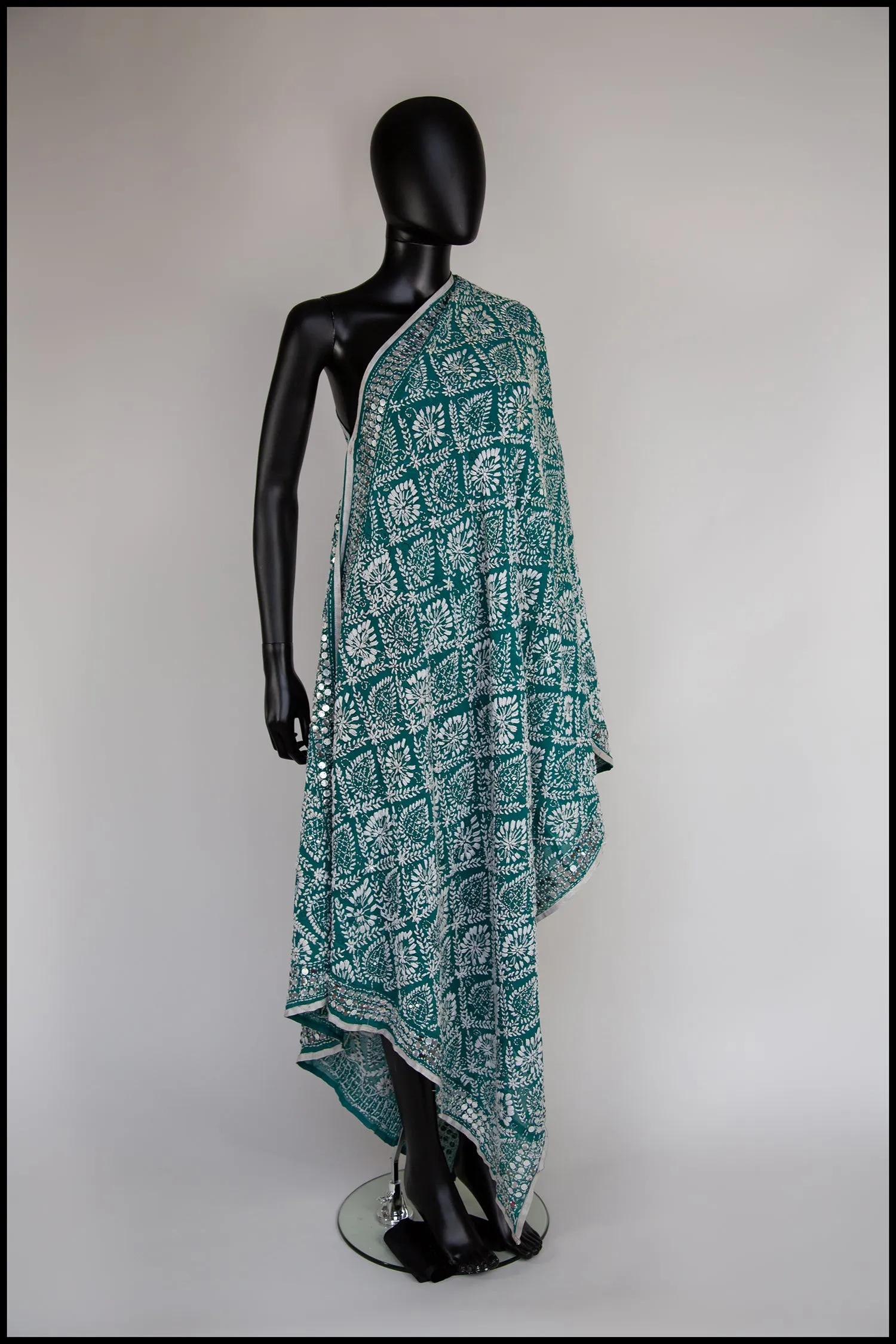 Vintage Large Mint Green Phulkari Embroidered Shawl