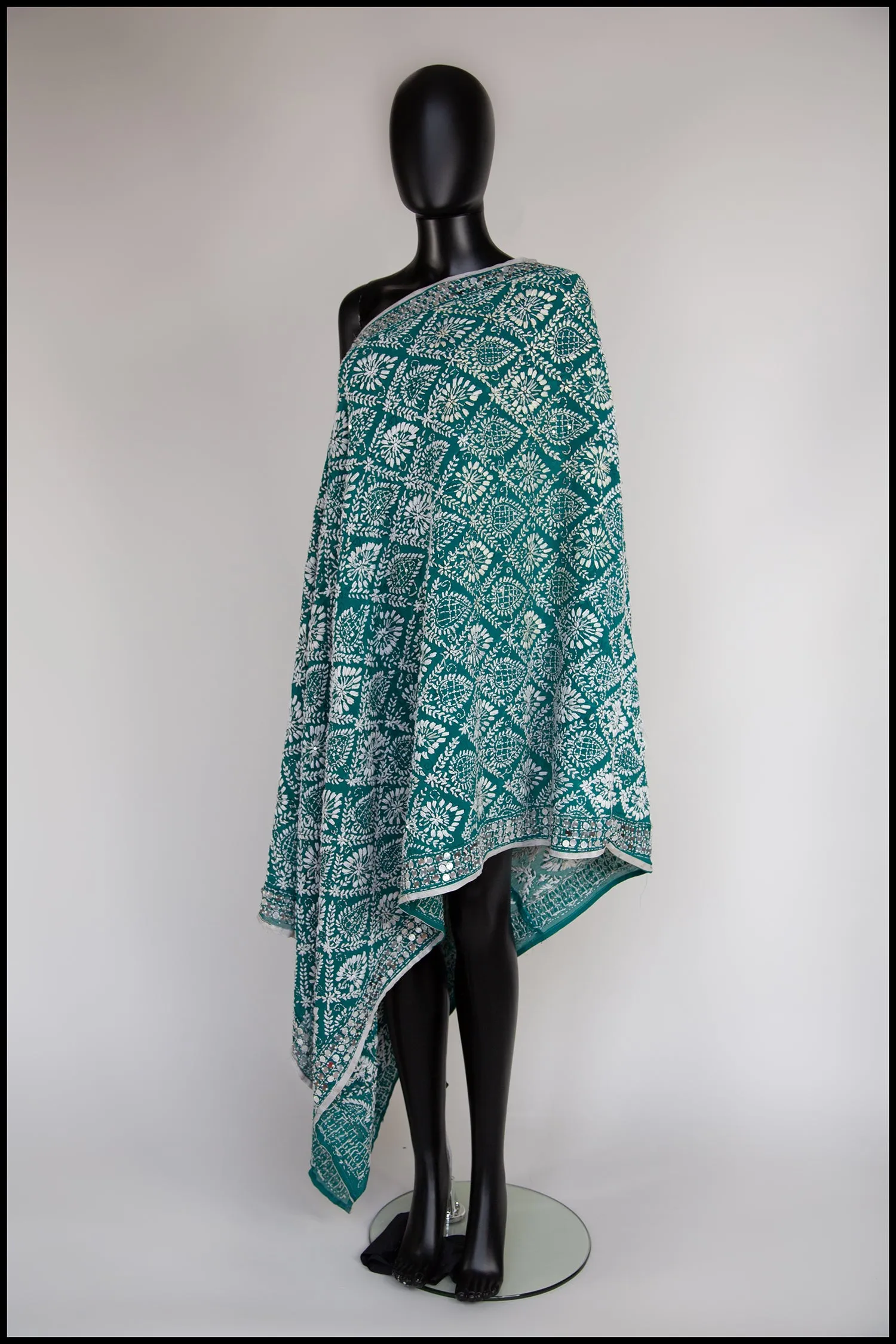 Vintage Large Mint Green Phulkari Embroidered Shawl