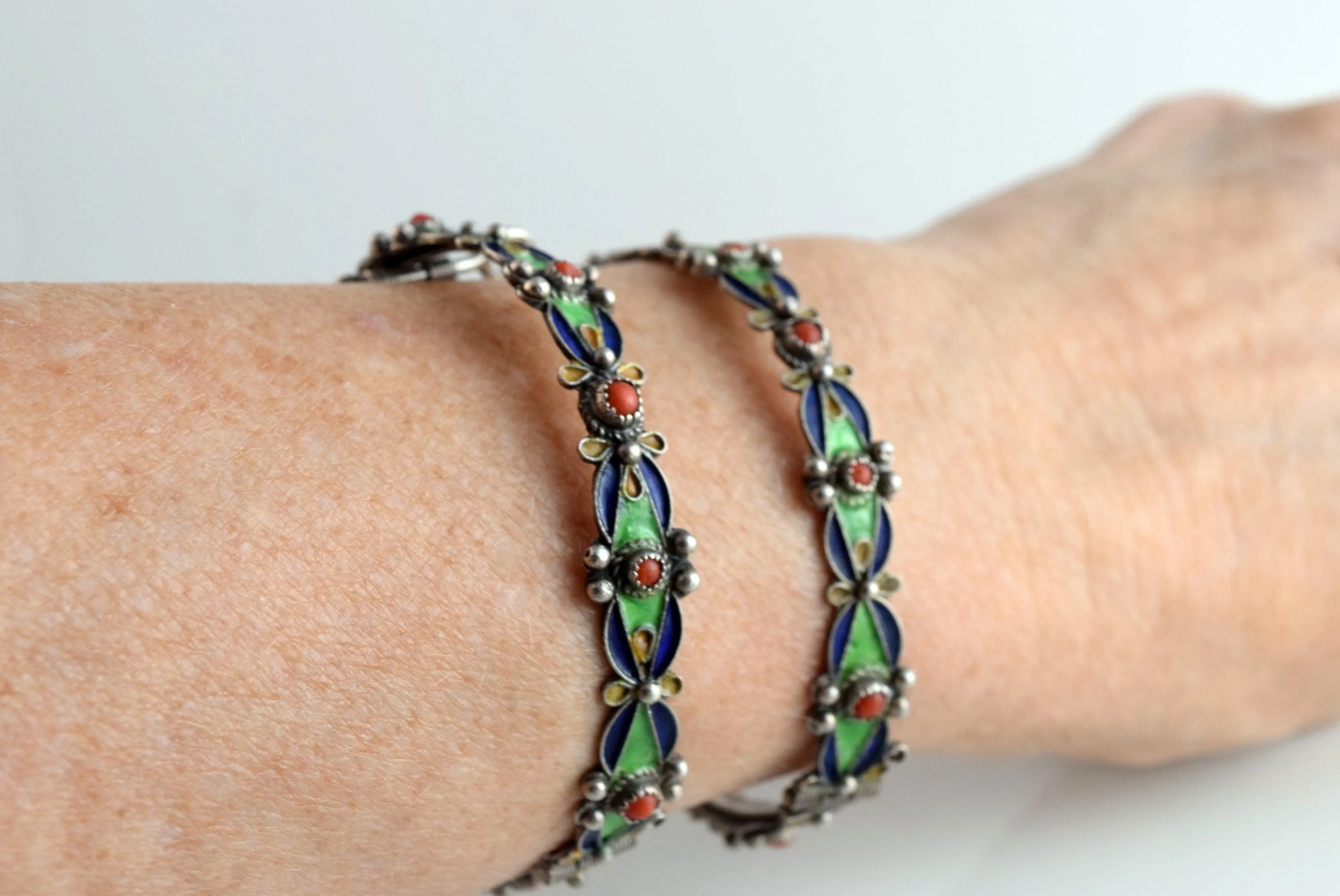 Vintage Matching Pair of Kabyle Silver and Enamel Berber Bracelets