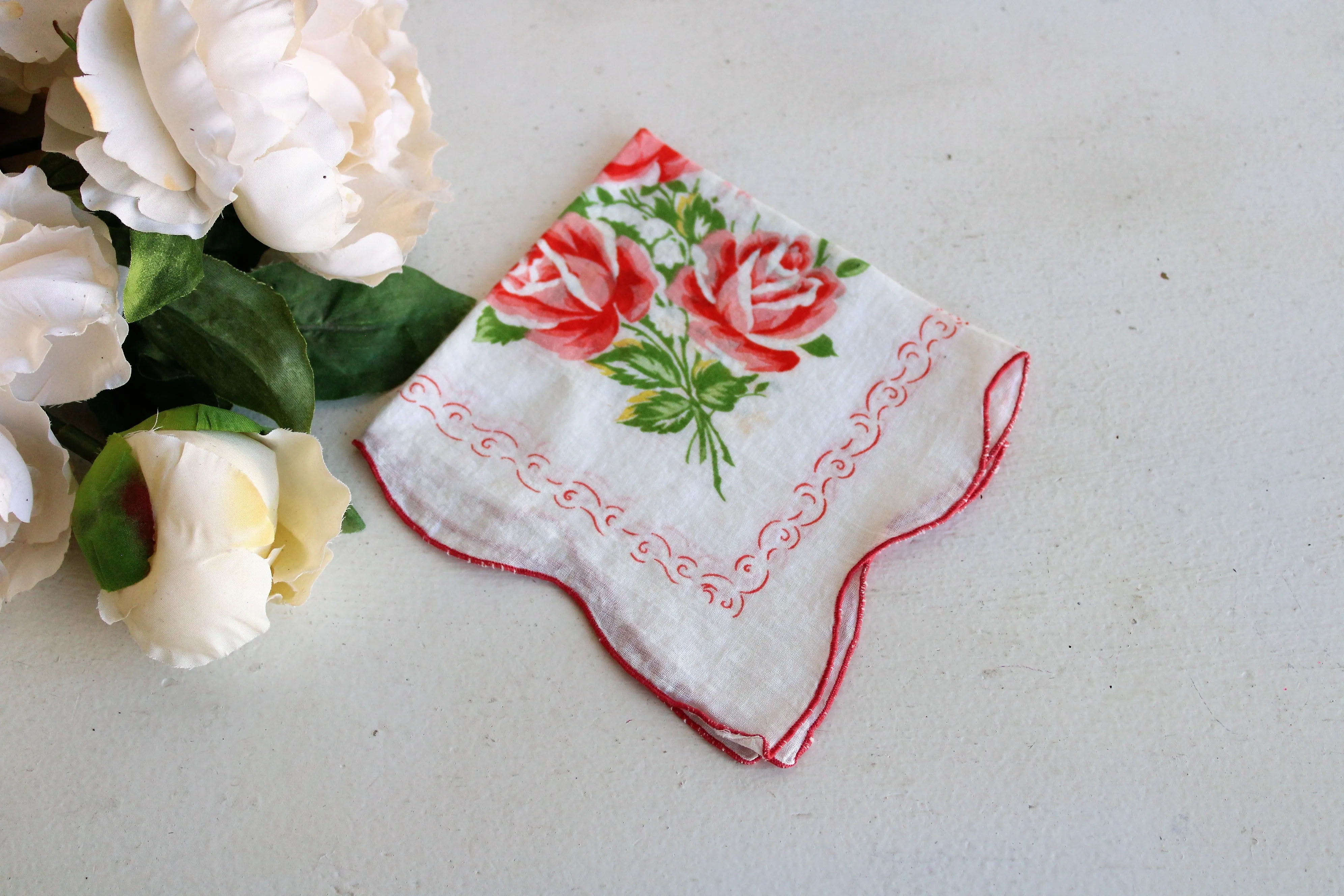 Vintage Orange Rose Print Cotton Handkerchief