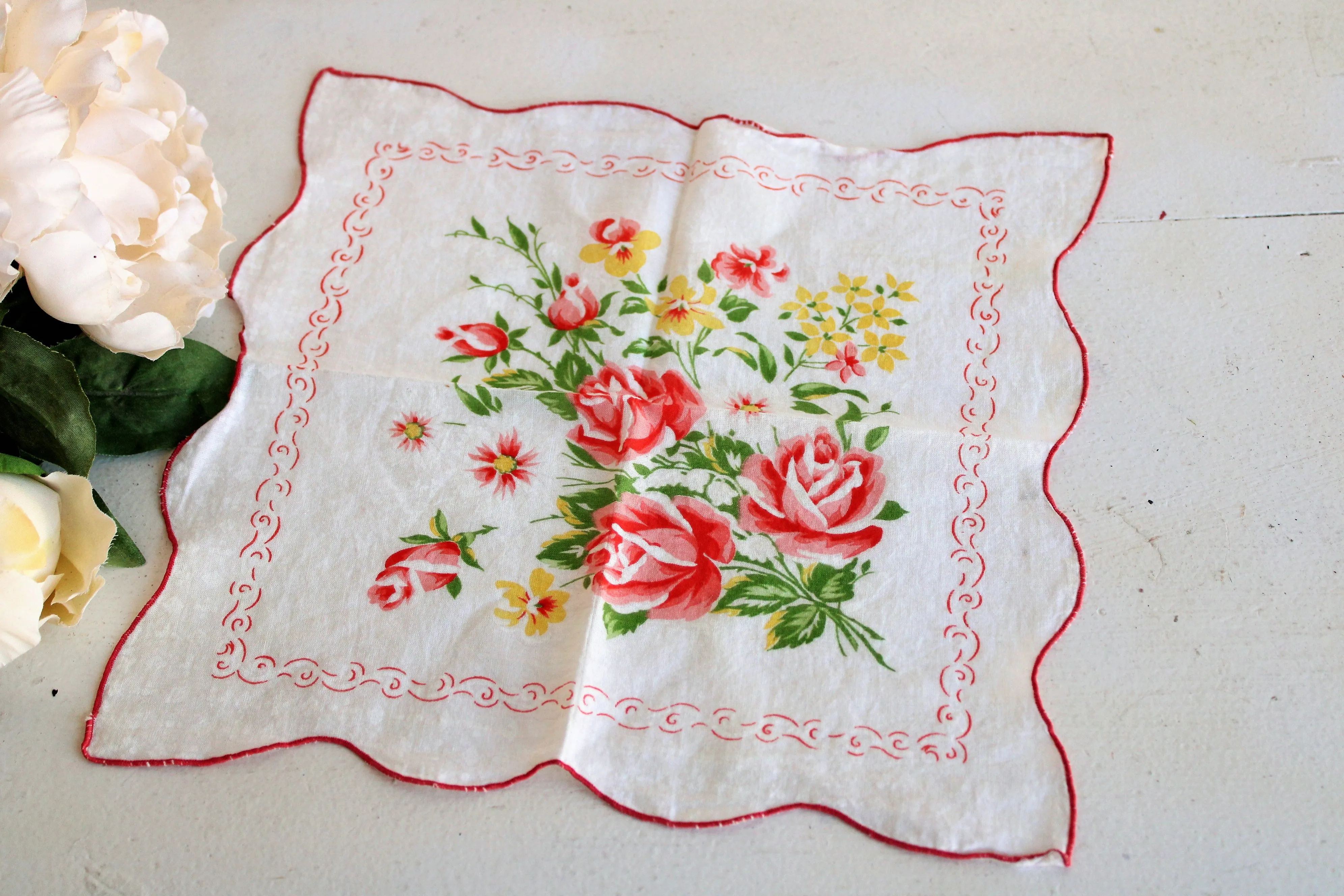 Vintage Orange Rose Print Cotton Handkerchief