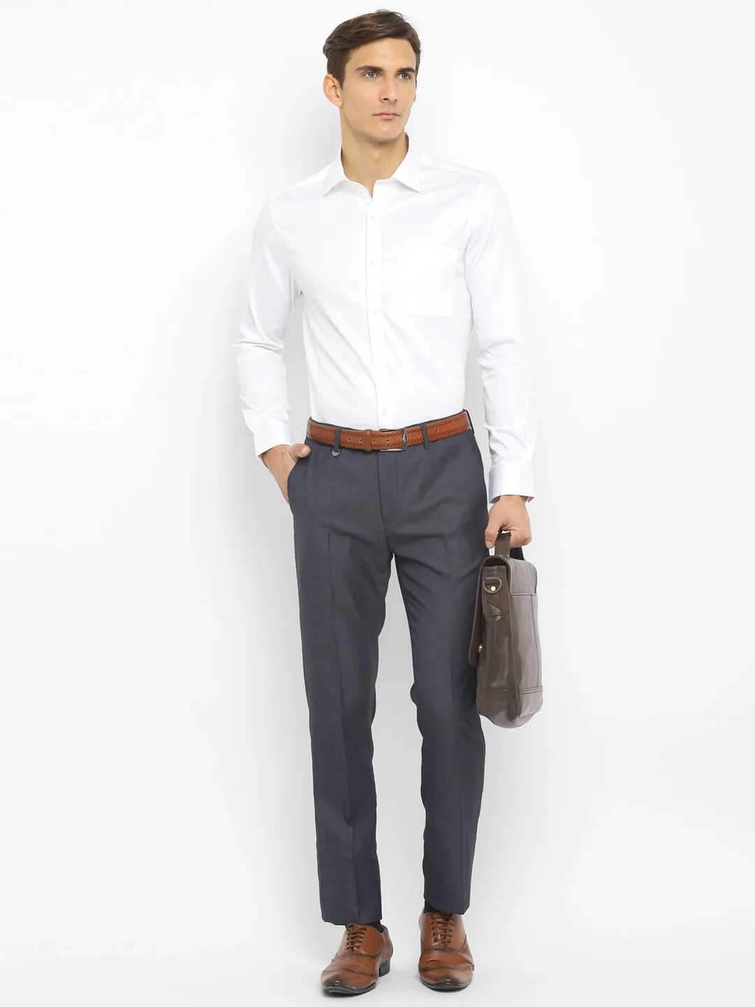 White Cotton Blend Solid Slim Fit Shirt