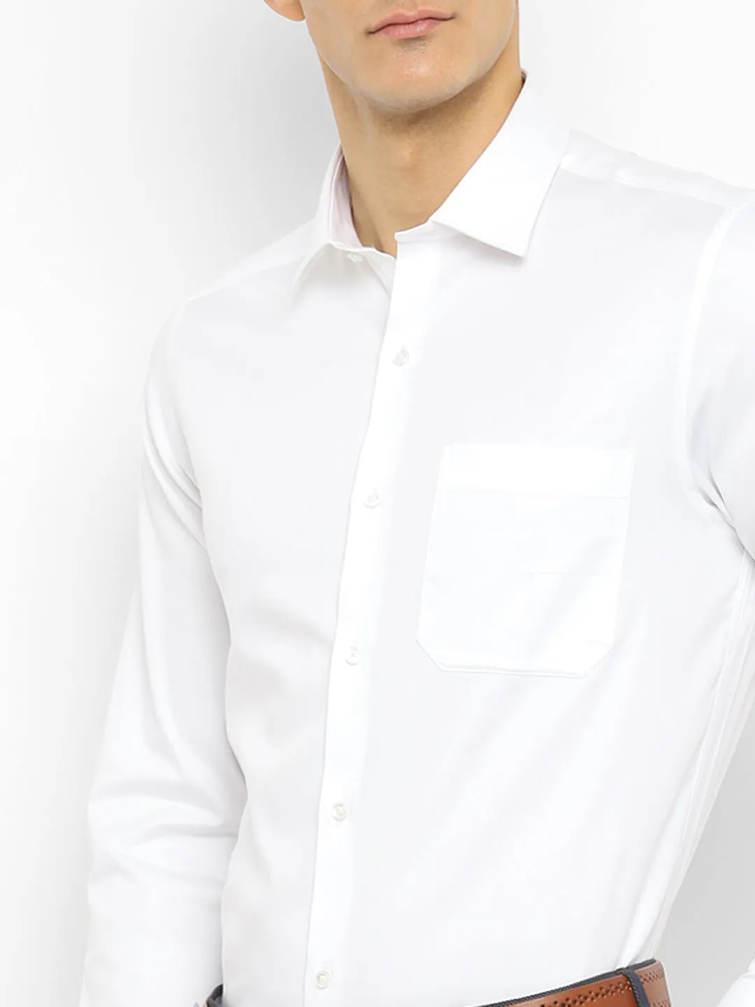 White Cotton Blend Solid Slim Fit Shirt