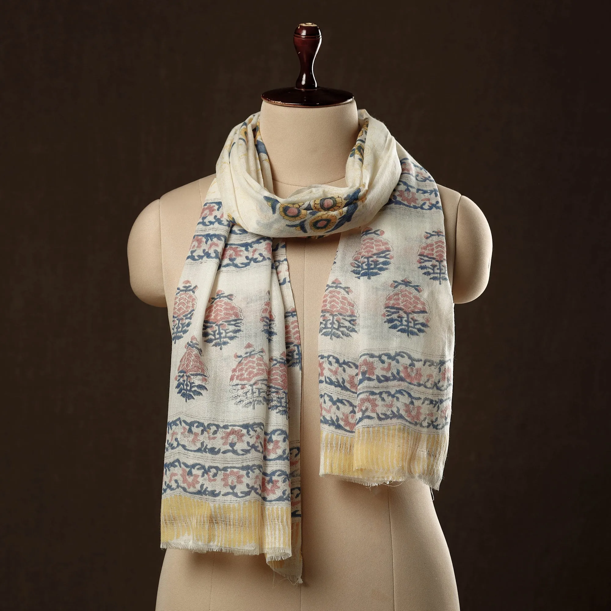 White - Pure Wool Sanganeri Hand Block Printed Stole